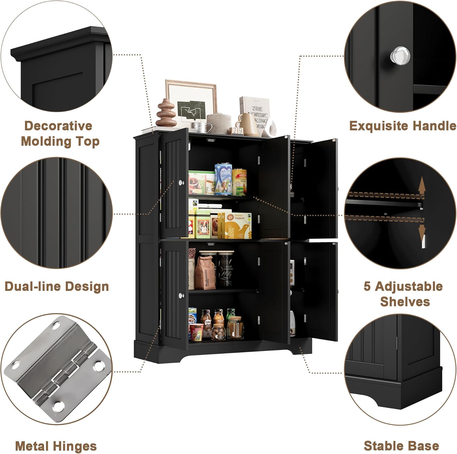 ChooChoo Bathroom Floor Cabinet, Modern Bathroom Storage Cabinet with 6 Doors and Adjustable Shelves, Freestanding Cupboard for Living Room, Black