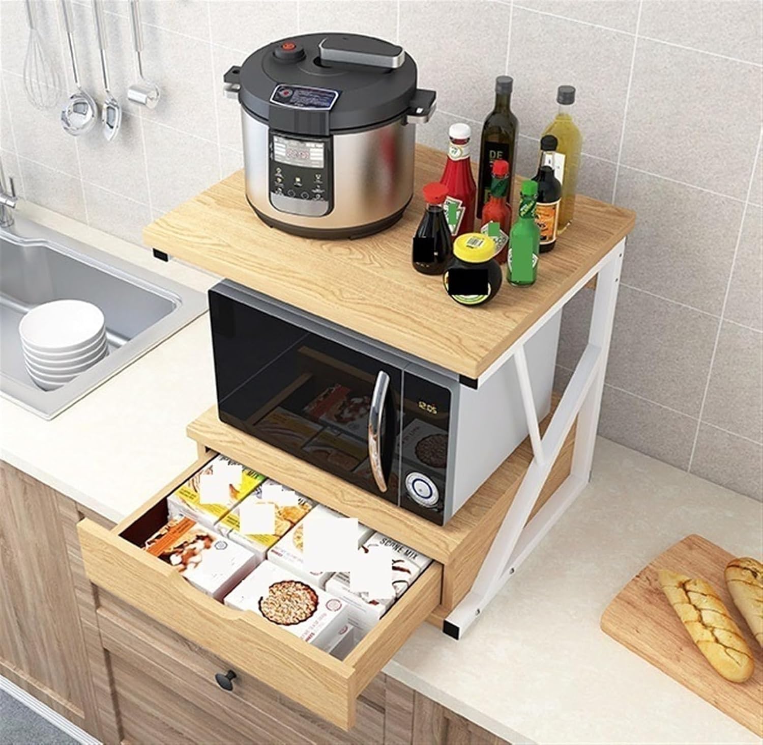 Wooden Microwave Stand with Drawer, Space Saving Storage Organizer, Kitchen Baker Rack for Living Room