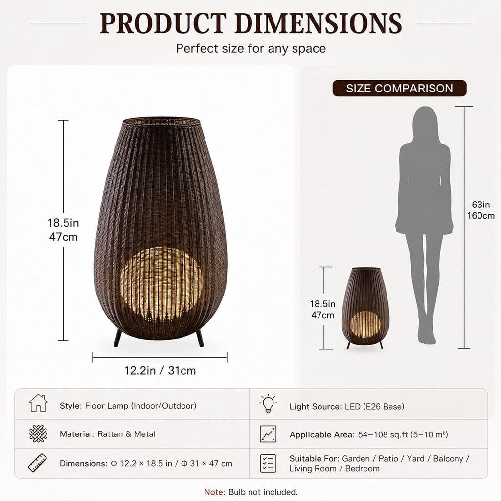 MIXL-Coffee Brown Rattan Floor Lamp,Waterproof Outdoor Patio Lamps with Globe Shade,Wicker Shade Indoor & Outdoor Floor Lamp for Garden Lawn and Living Room