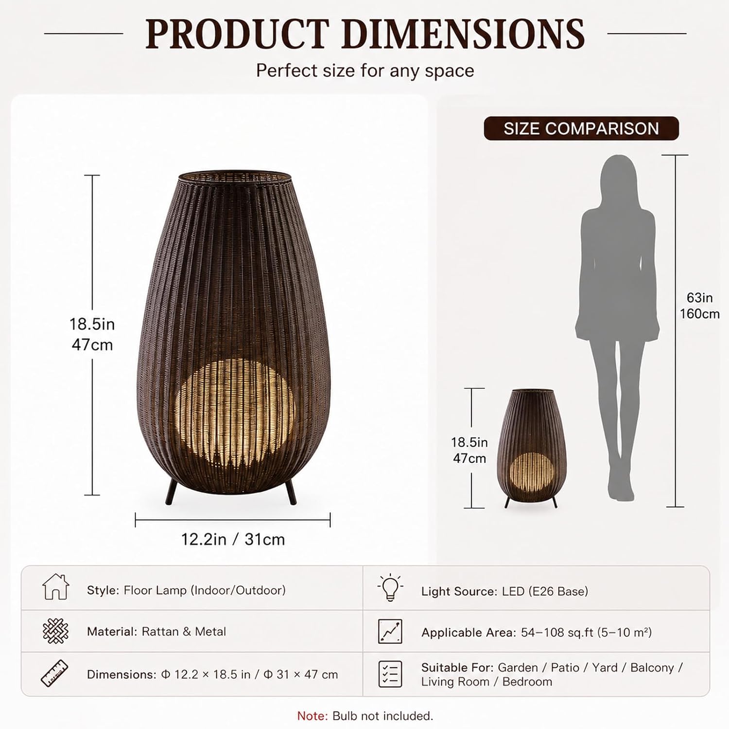 MIXL-Coffee Brown Rattan Floor Lamp,Waterproof Outdoor Patio Lamps with Globe Shade,Wicker Shade Indoor & Outdoor Floor Lamp for Garden Lawn and Living Room