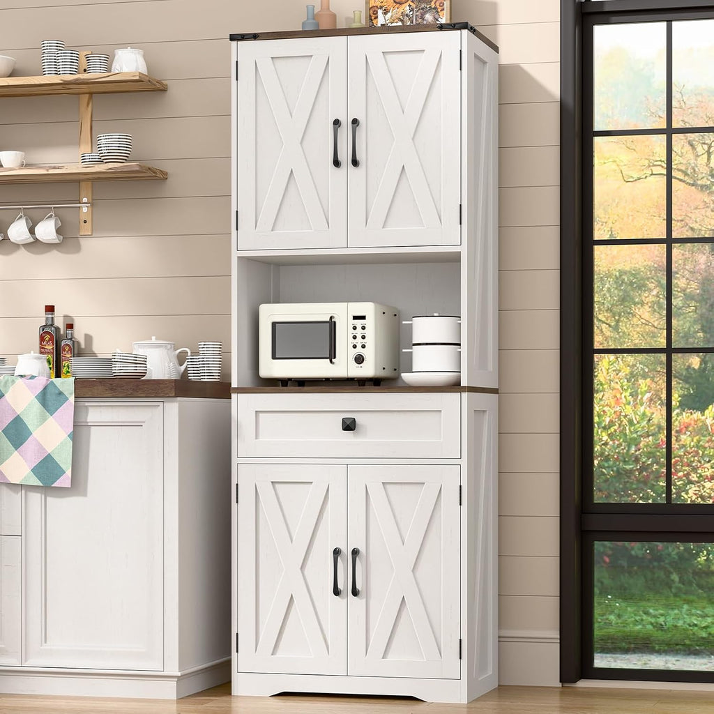 Halitaa Tall Kitchen Pantry Storage Cabinet, Farmhouse Storage with Organizer, Large Capacity Bathroom Cabinet with Drawer,Freestanding Cupboard for Kitchen, Dining Room, White