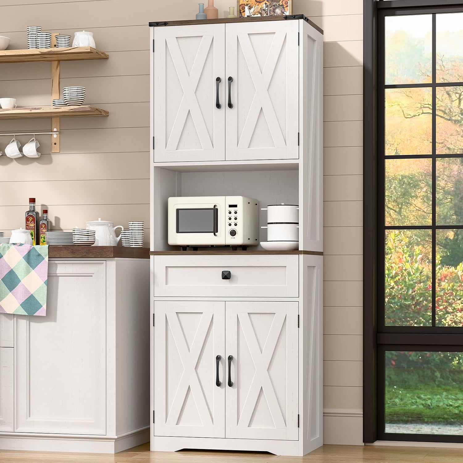 Halitaa Tall Kitchen Pantry Storage Cabinet, Farmhouse Storage with Organizer, Large Capacity Bathroom Cabinet with Drawer,Freestanding Cupboard for Kitchen, Dining Room, White