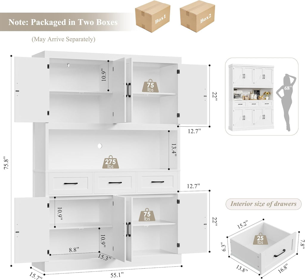 HITHOS 76' Tall Kitchen Pantry Storage Cabinet, 55' Wide Kitchen Hutch Cabinet with Storage Drawers, Large Food Pantry with Microwave Stand, Modern Cupboard with Hutch for Dining Living Room, White