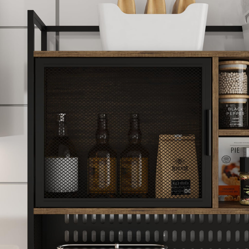 MOUMON 70.9' Extra Large Kitchen Pantry Cabinet with Hutch, Industrial Kitchen Hutch with 6 Drawers and 4 Mesh Doors, Large Coffee Bar Cabinet with Pegboard and Shelves, Brown and Black