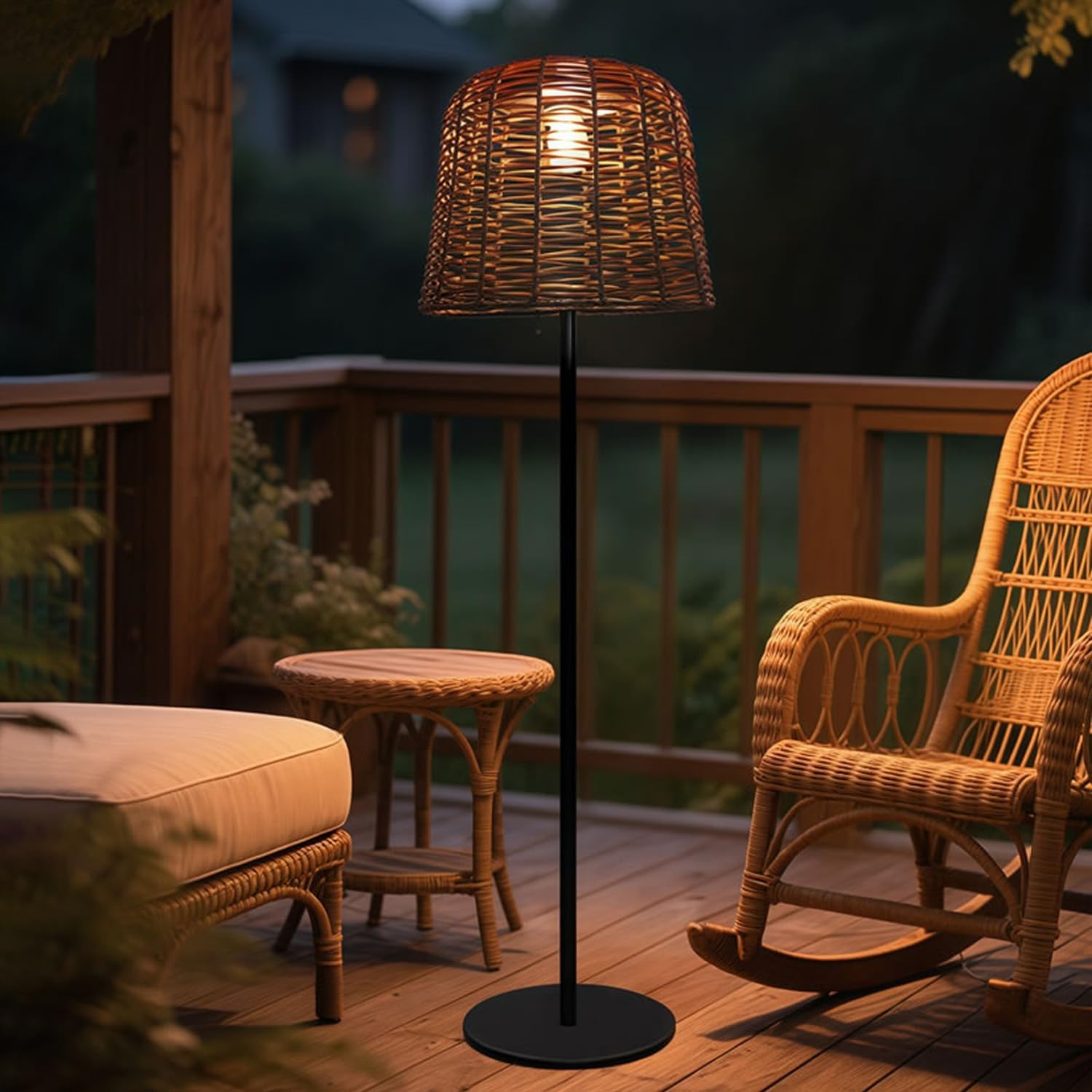 MIXL-Coffee Brown Outdoor Floor Lamp,Waterproof Wicker Shade Standing Lamp,Modern Farmhouse Dusk to Dawn Solar Light, 3000K Led Solar Outdoor Light for Patio Garden and Gazebo