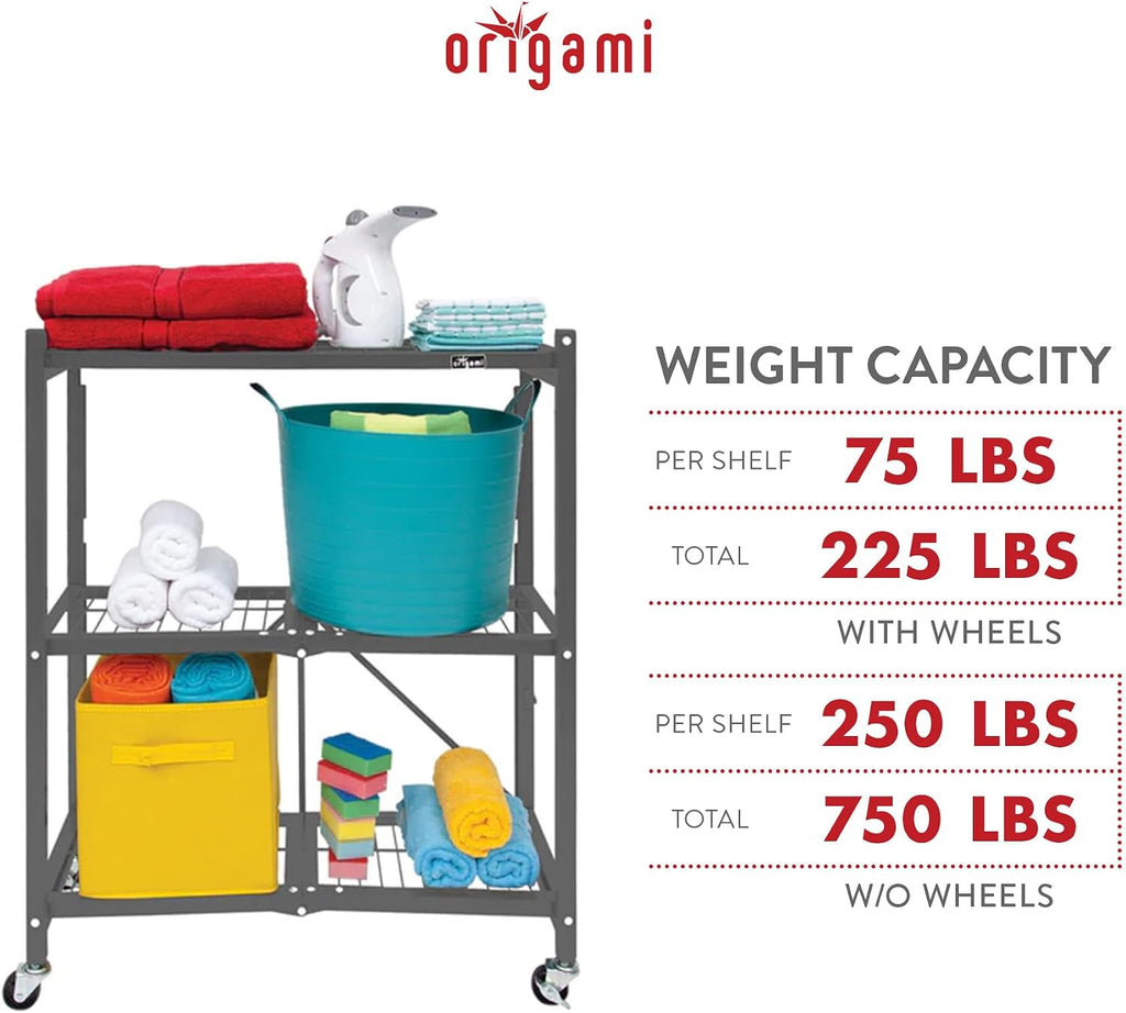 Origami 2 Pack 3 Tier Folding Shelves, Storage Shelving Rack Unit with Wheels, Pewter