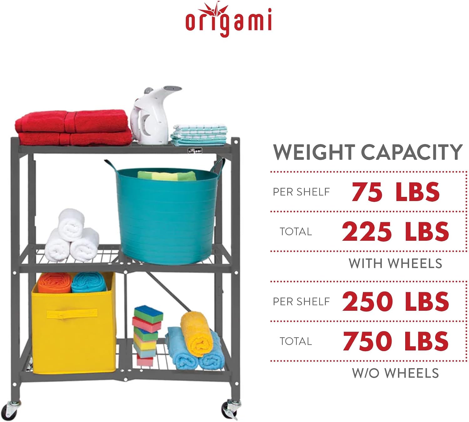 Origami 2 Pack 3 Tier Folding Shelves, Storage Shelving Rack Unit with Wheels, Pewter