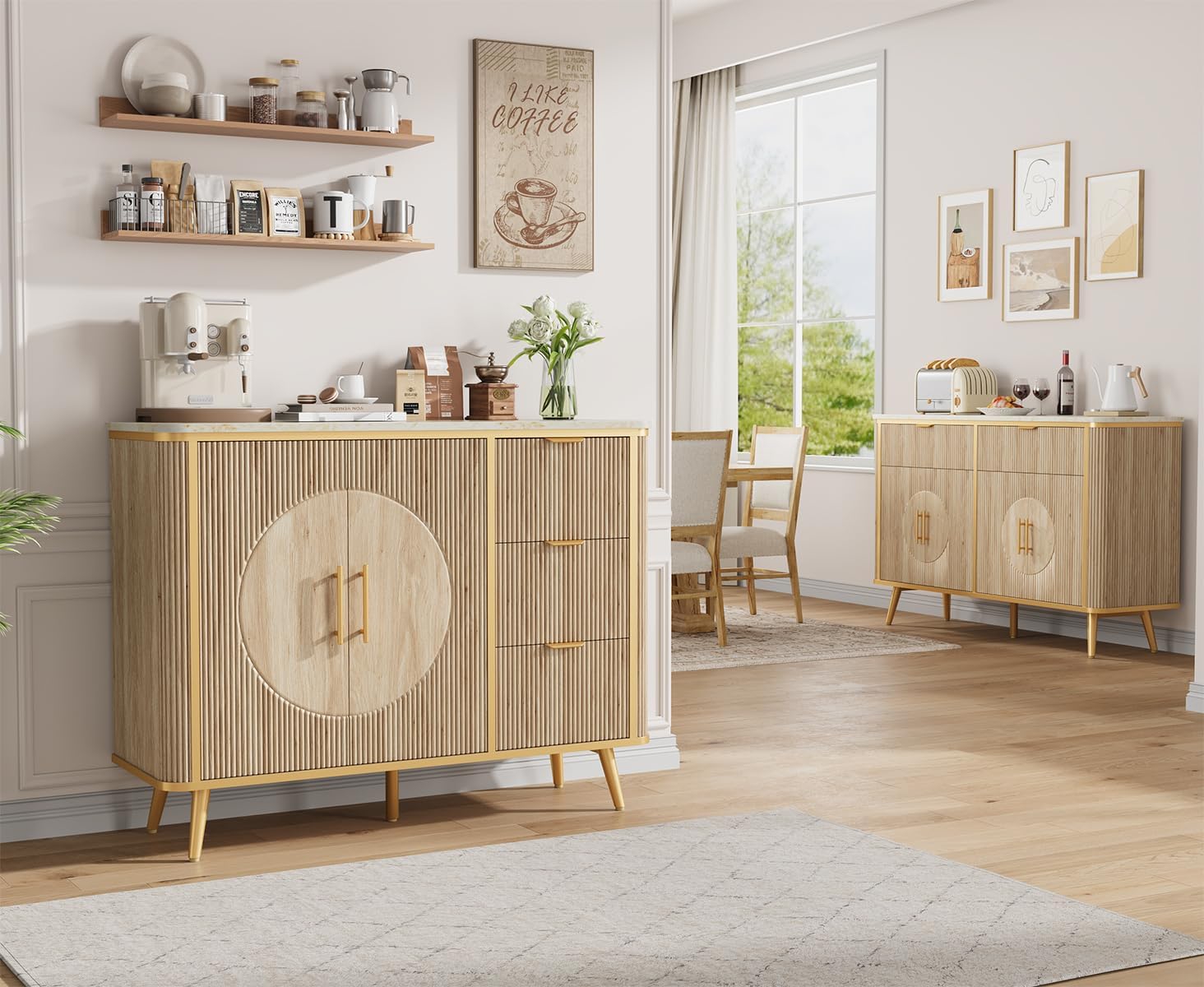 47.3' Modern Buffet Cabinet with Storage, Kitchen Sideboard Buffet with 2 Door & 3 Drawers, Fluted Caffee Bar Storage Cabinet for Dining Room, Living Room, Entryway, Natural Oak