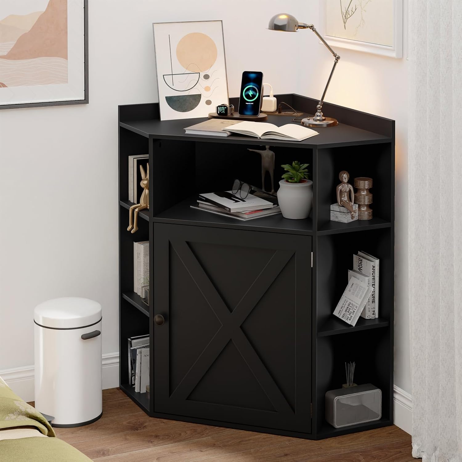 Vabches Corner Cabinet, Corner Storage Shelf with USB Ports and Outlets Industrial Organizer for Small Space Wooden 6-Cubby Bookshelf for Study, Playroom, Living Room (Black)