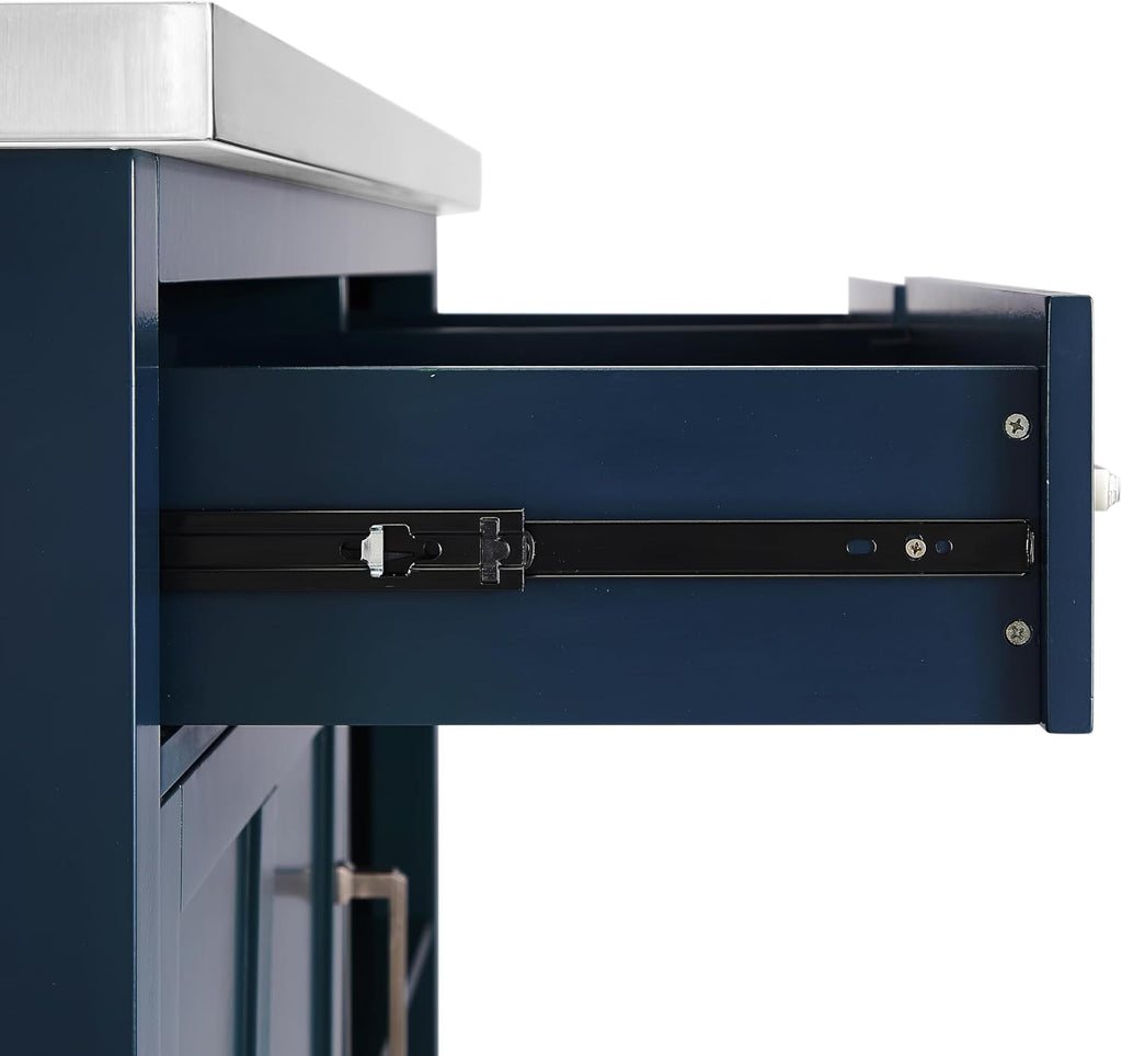 Crosley Furniture Silvia Stainless Steel Top Kitchen Island, Microwave Stand, Coffee Bar, with Shelves, Navy/Stainless Steel