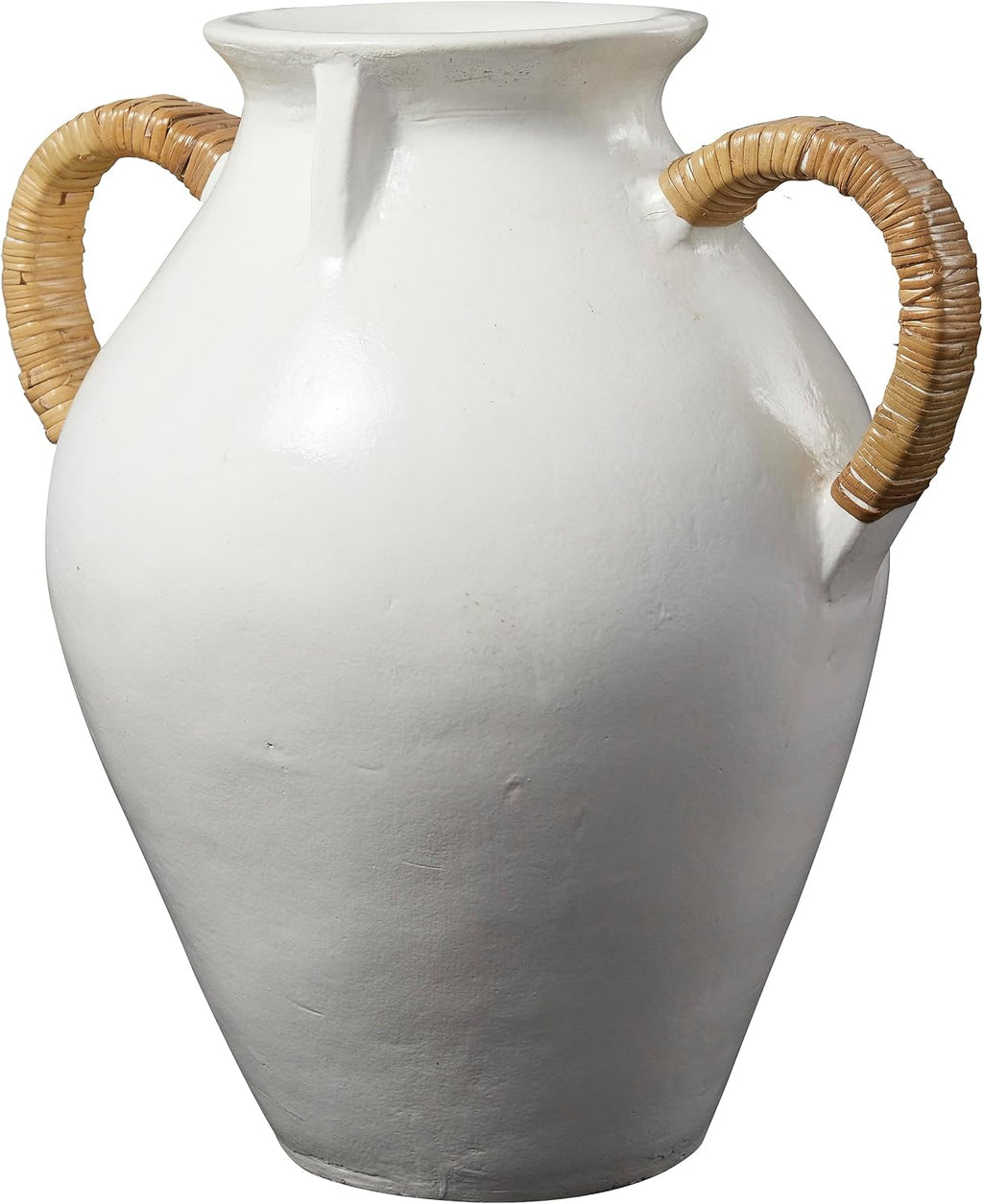 Deco 79 Ceramic Decorative Vase Jug Inspired Centerpiece Vase with Rattan Wrapped Handles, Flower Vase for Home Decoration 17' x 13' x 19', White
