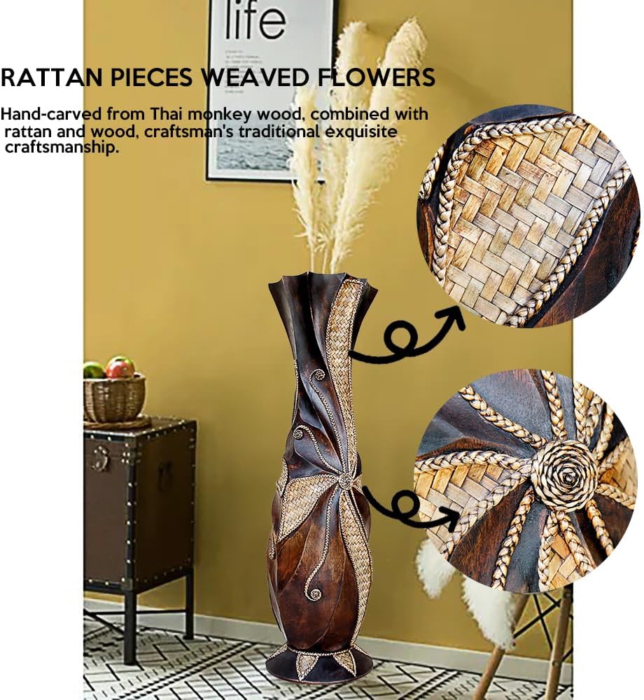 47'' Extra Tall Floor Vase, Huge Solid Wood Decorative Floor Vases with Wide Mouth Opening, Handmade Tall Corner Vase for Floor, Home Decor, Living Room, Bedroom Outdoor Pampas Grass