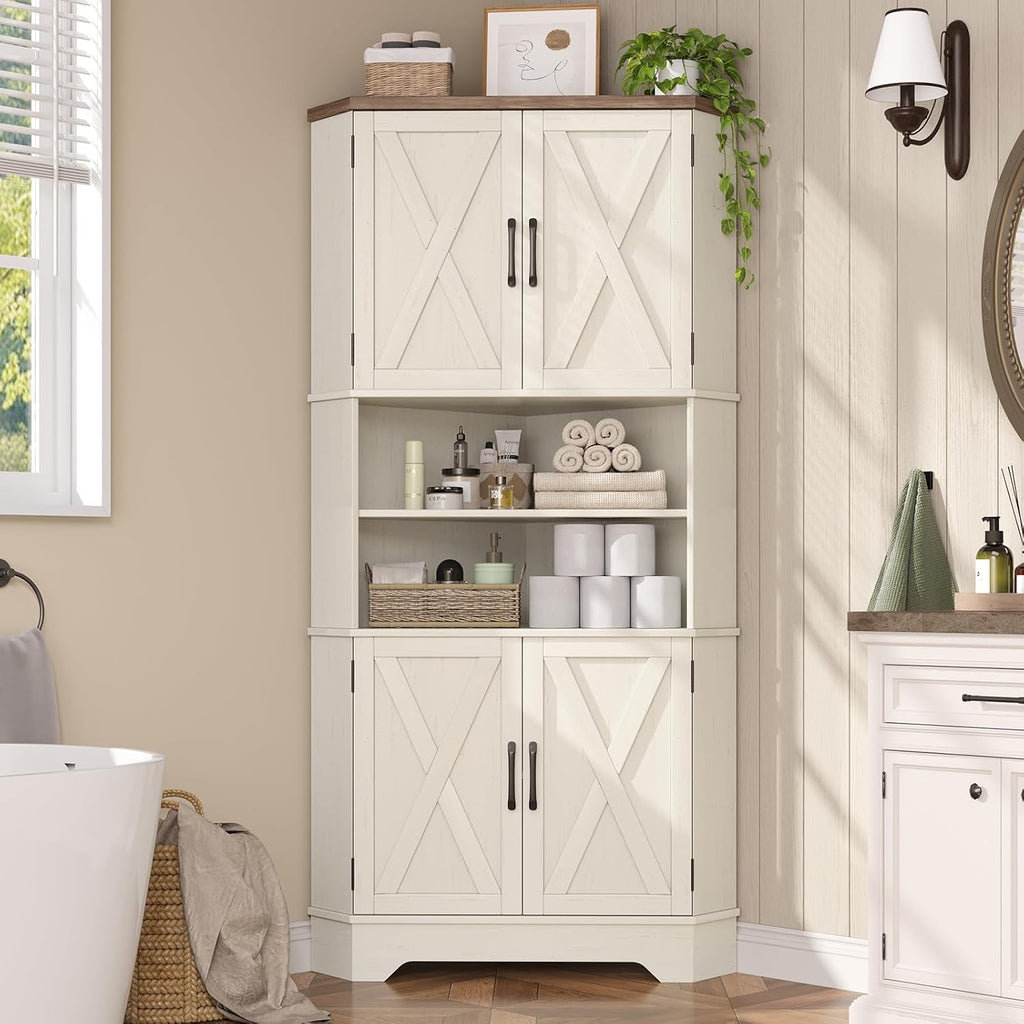 Befrases Corner Cabinet, 67''H Kitchen Pantry Storage Cabinet, 6-Tier Corner Food Pantry Hutch with 4 Barn Doors and Shelves, Tall Farmhouse Furniture for Kitchen Dining Living Room, White