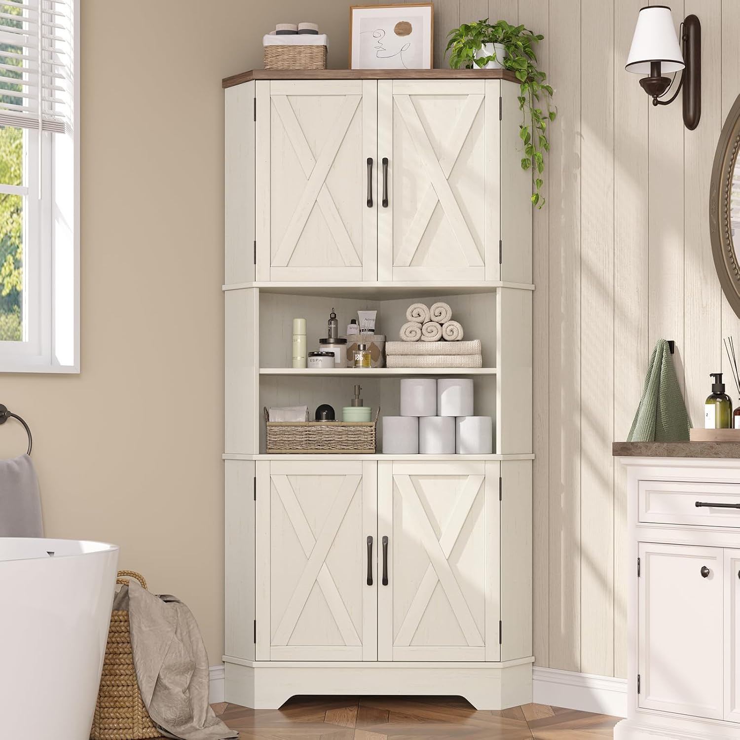 Befrases Corner Cabinet, 67''H Kitchen Pantry Storage Cabinet, 6-Tier Corner Food Pantry Hutch with 4 Barn Doors and Shelves, Tall Farmhouse Furniture for Kitchen Dining Living Room, White
