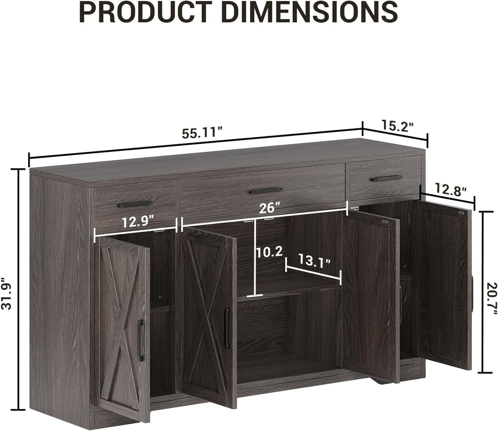Garvee 55 in Large Buffet Sideboard Cabinet with Storage 4 Doors and 3 Drawers Kitchen Storage Cabinet Coffee Bar Buffet Table for Dining Room, Living Room, Adjustable Shelf