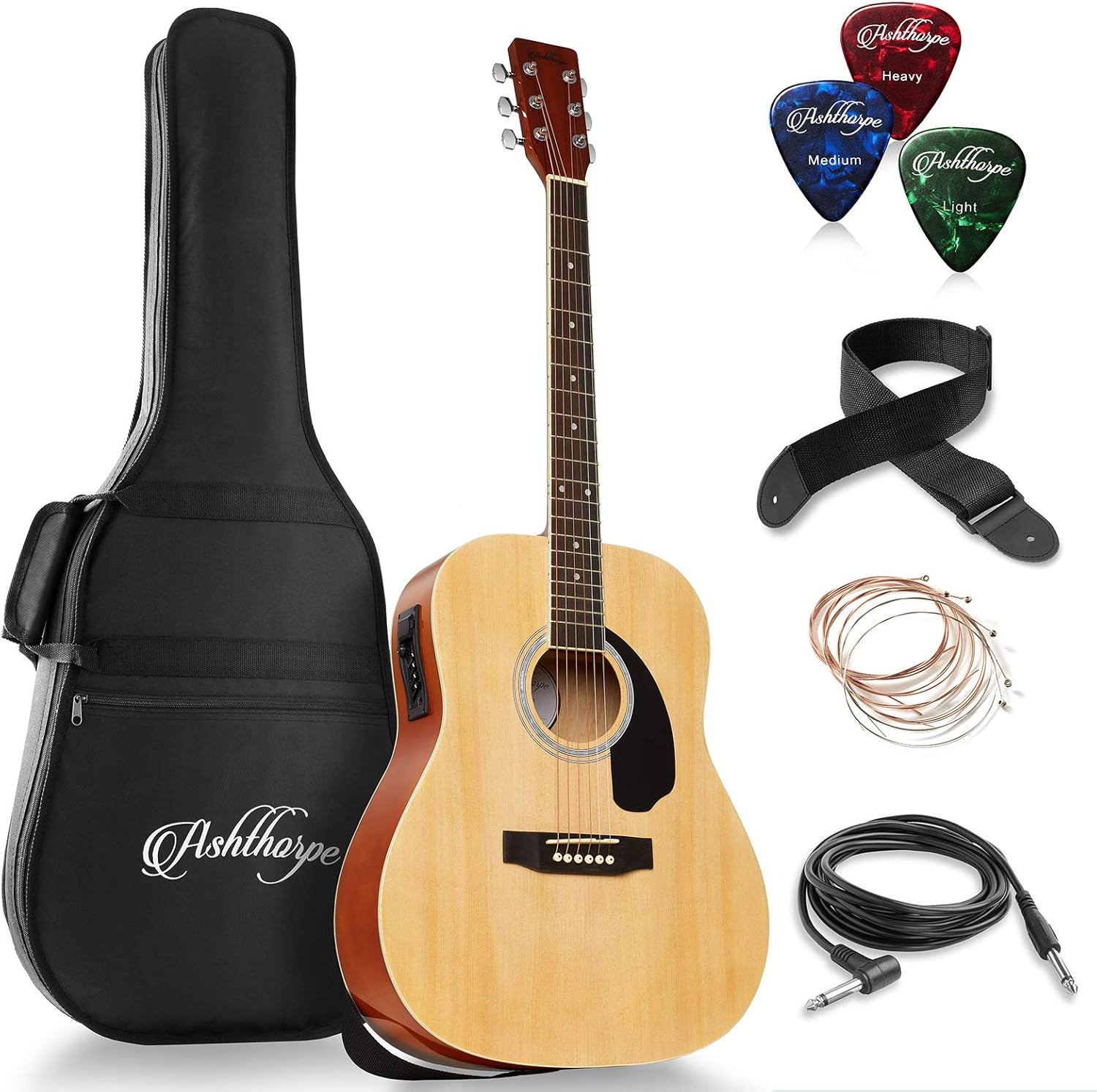 Ashthorpe Full-Size Dreadnought Acoustic-Electric Guitar Bundle - Premium Tonewoods - Natural