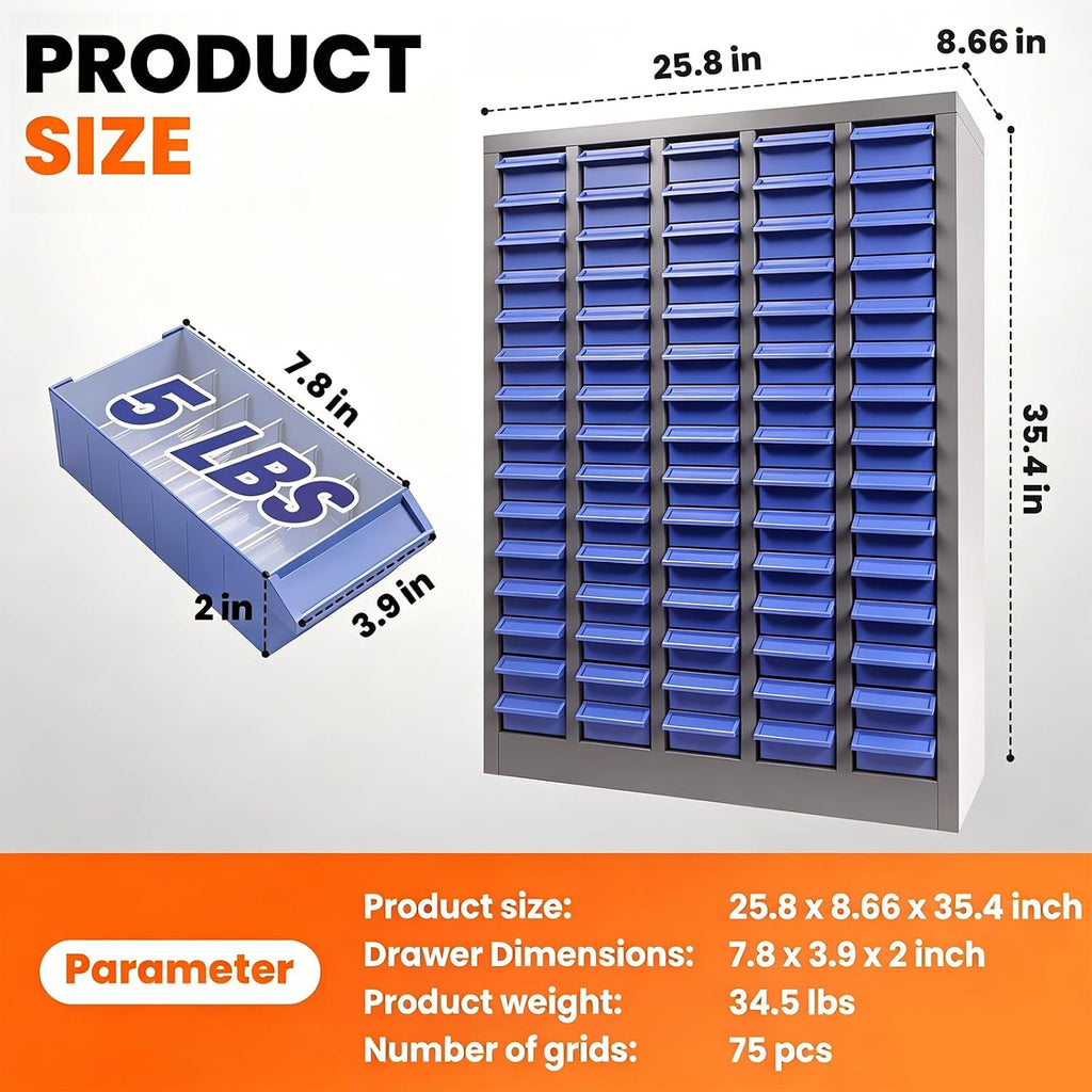 75-Drawer Nut and Bolt Organizer, 26'L X 9'W X 36'H Part Cabinet Bolt and Nut Tool Storage, Built-In Removable Partition, ABS Material Bolts Bin Tool for Workshop, Office (75 Drawers)