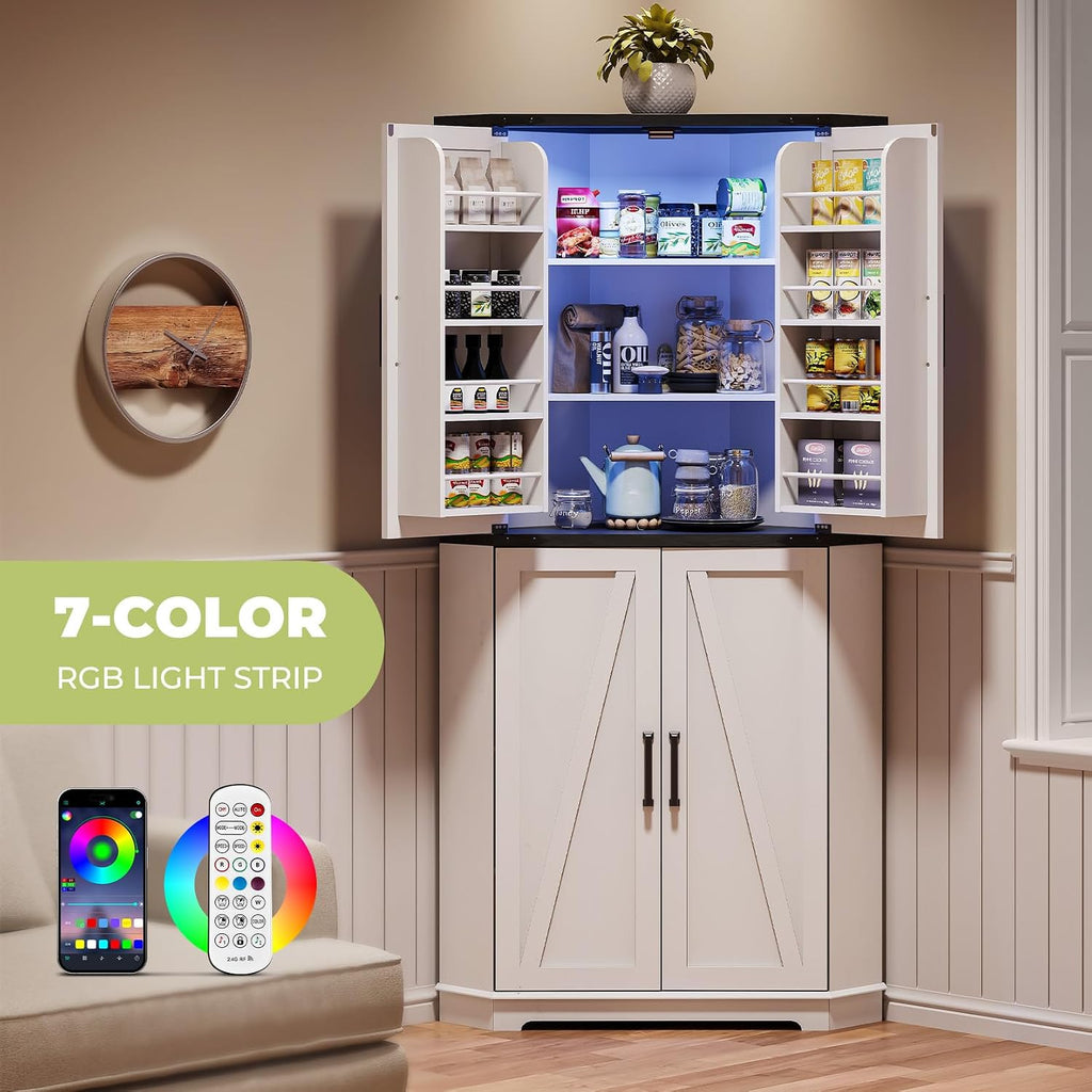 Dripex 71' Corner Cabinet White, Farmhouse Kitchen Pantry Cabinet with Doors Storage & Adjustable Shelves, Tall Corner Storage Cabinet with LED Light, Food Pantry for Living Room, Dining Room