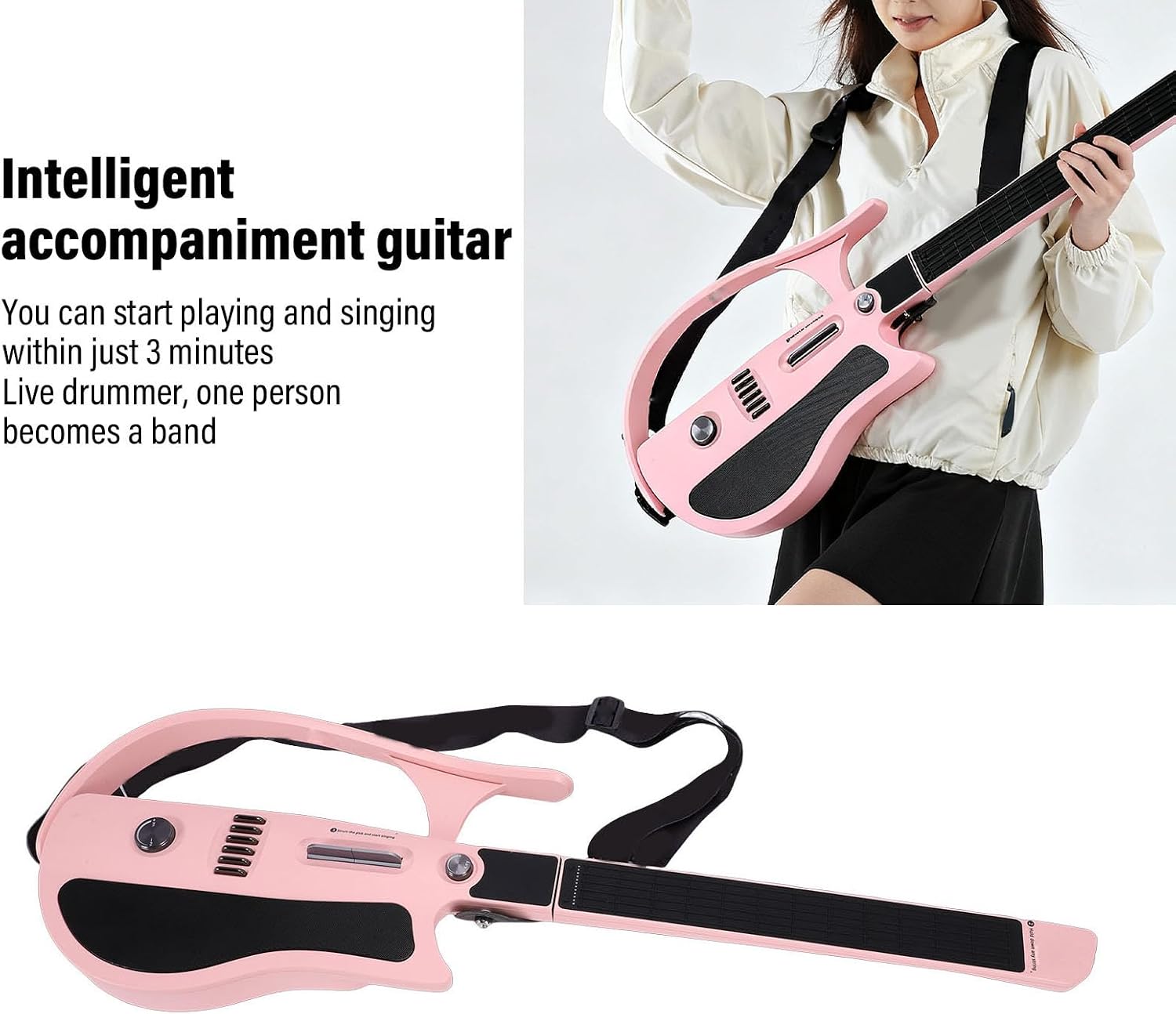 LiebeWH Stringless Smart Guitar Beginner Stringless Electric Guitar with Foldable Design for Beginner Pink