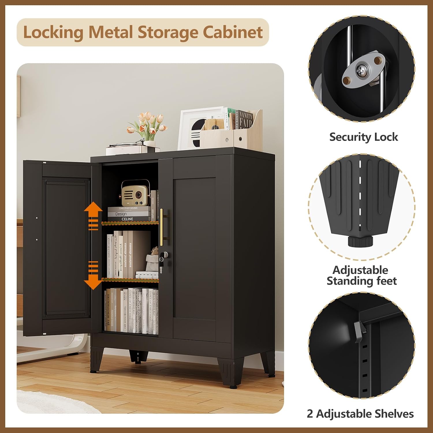 GAIOUS Black Metal File Cabinet with Lock (Two Units), Steel Storage Cabient with 2 Doors and 2 Adjustable Shelves, Multifunctional Locked Cabinet for Home/Office/Garage/Tool Room, Accent Furniture