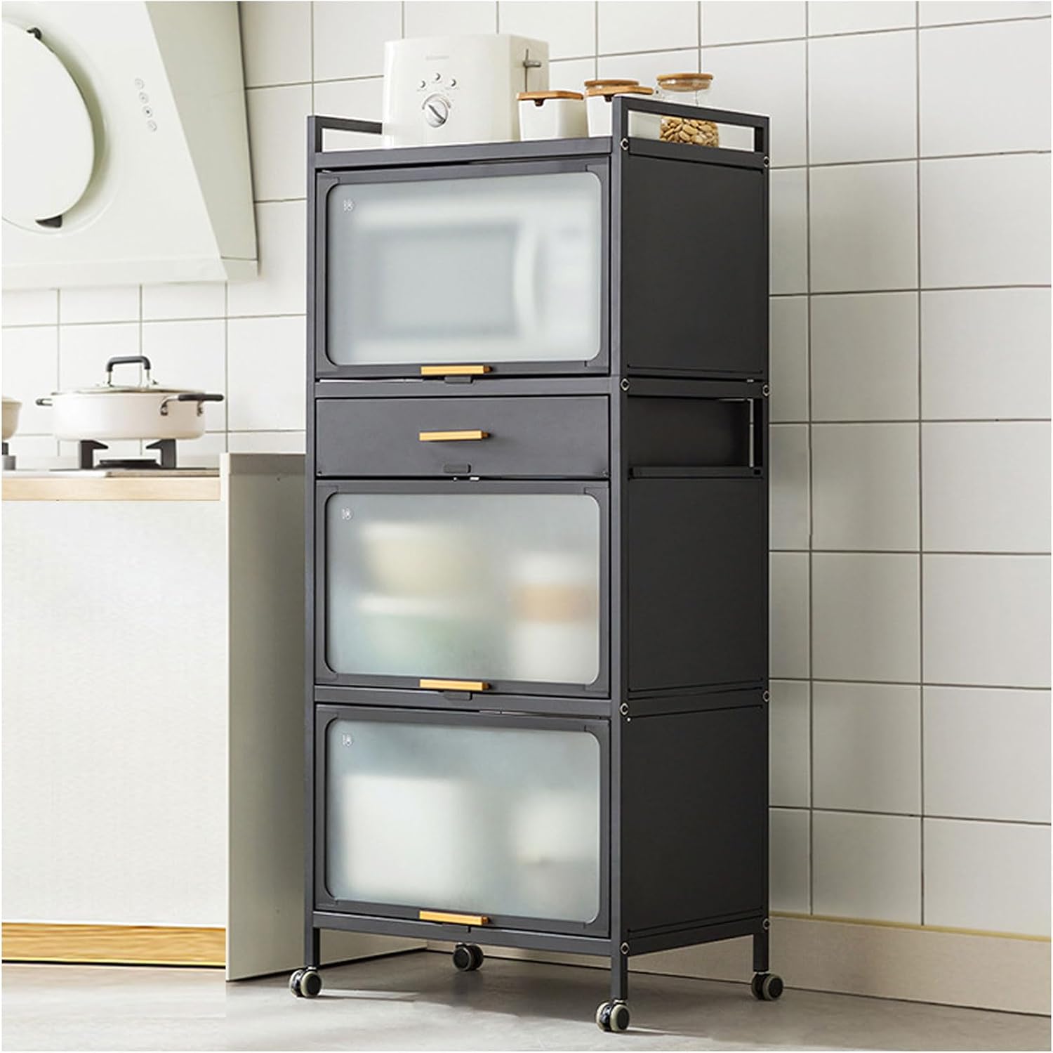 5-Tier Kitchen Storage Cabinet with Flip Doors, Mobile Microwave Stand with Brakeable Casters, Freestanding Kitchen Bakers Rack with Drawer, for Dining Room, Living Room,Black,60×135cm/23.6×53in