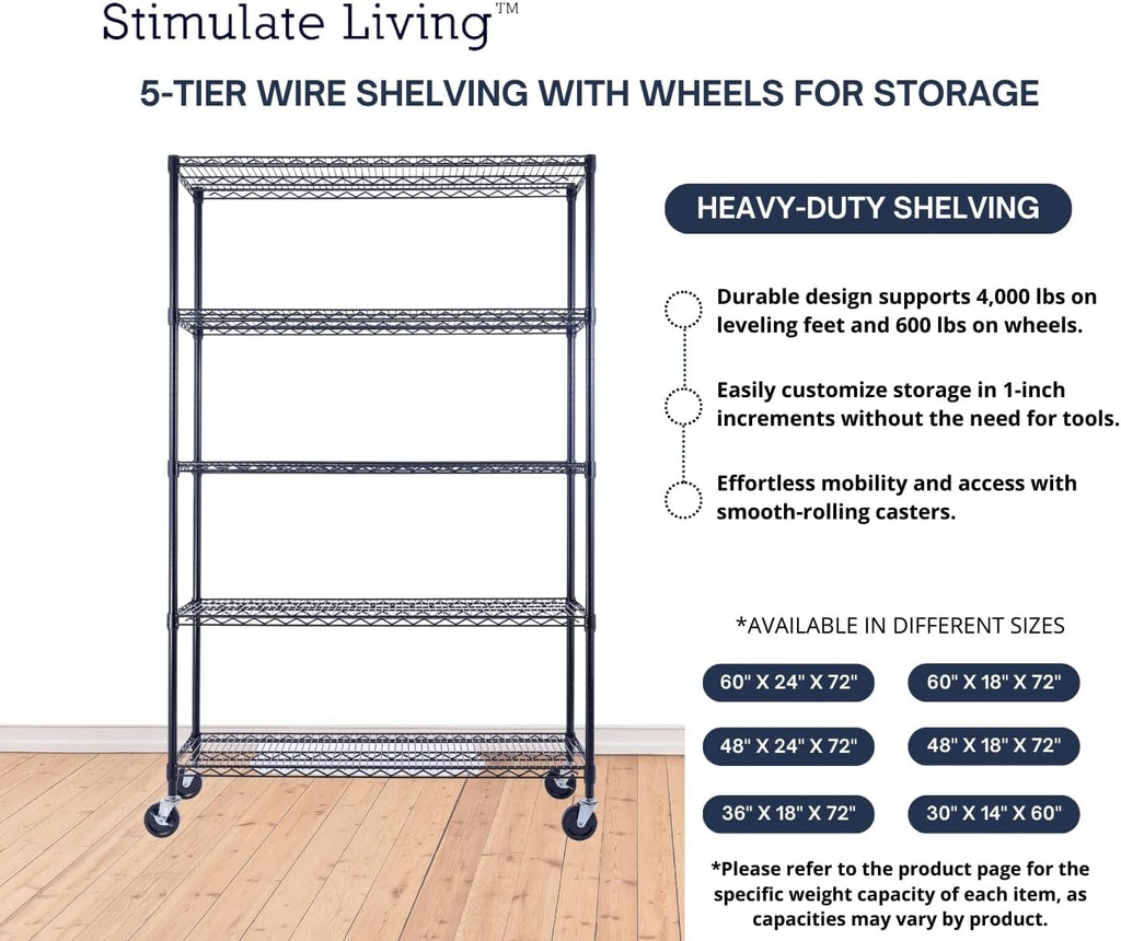 48'x18'x72' PRIME HEAVY DUTY Black 5-Tier Wire Shelving NSF 4000 LBS MAX Capacity Storage Rack for Commercial, School, Home, Garage, Warehouse, Industrial, and Hospital Uses (with Wheels)