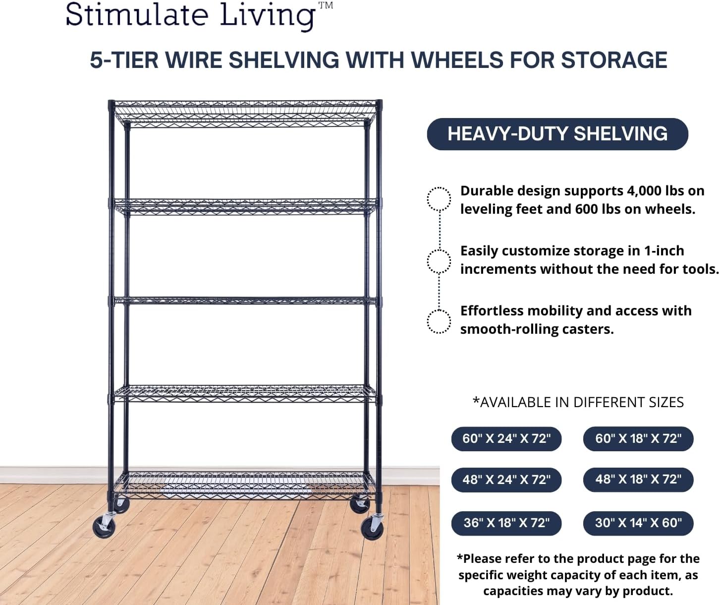 48'x18'x72' PRIME HEAVY DUTY Black 5-Tier Wire Shelving NSF 4000 LBS MAX Capacity Storage Rack for Commercial, School, Home, Garage, Warehouse, Industrial, and Hospital Uses (with Wheels)