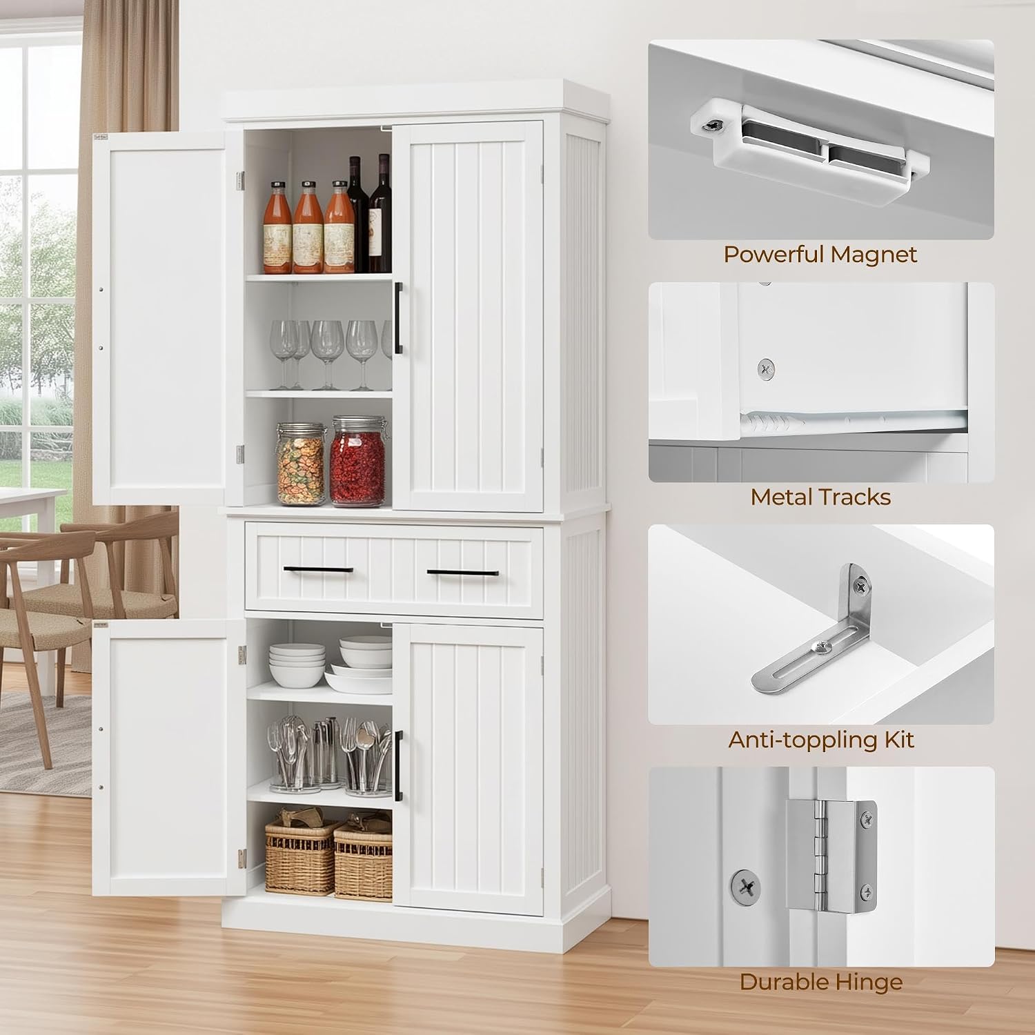 Yaheetech Kitchen Pantry Storage Cabinet with 4 Doors and 2 Adjustable Shelves, 72.5' Freestanding Tall Cupboard Cabinet with Drawer for Dining/Living Room, White