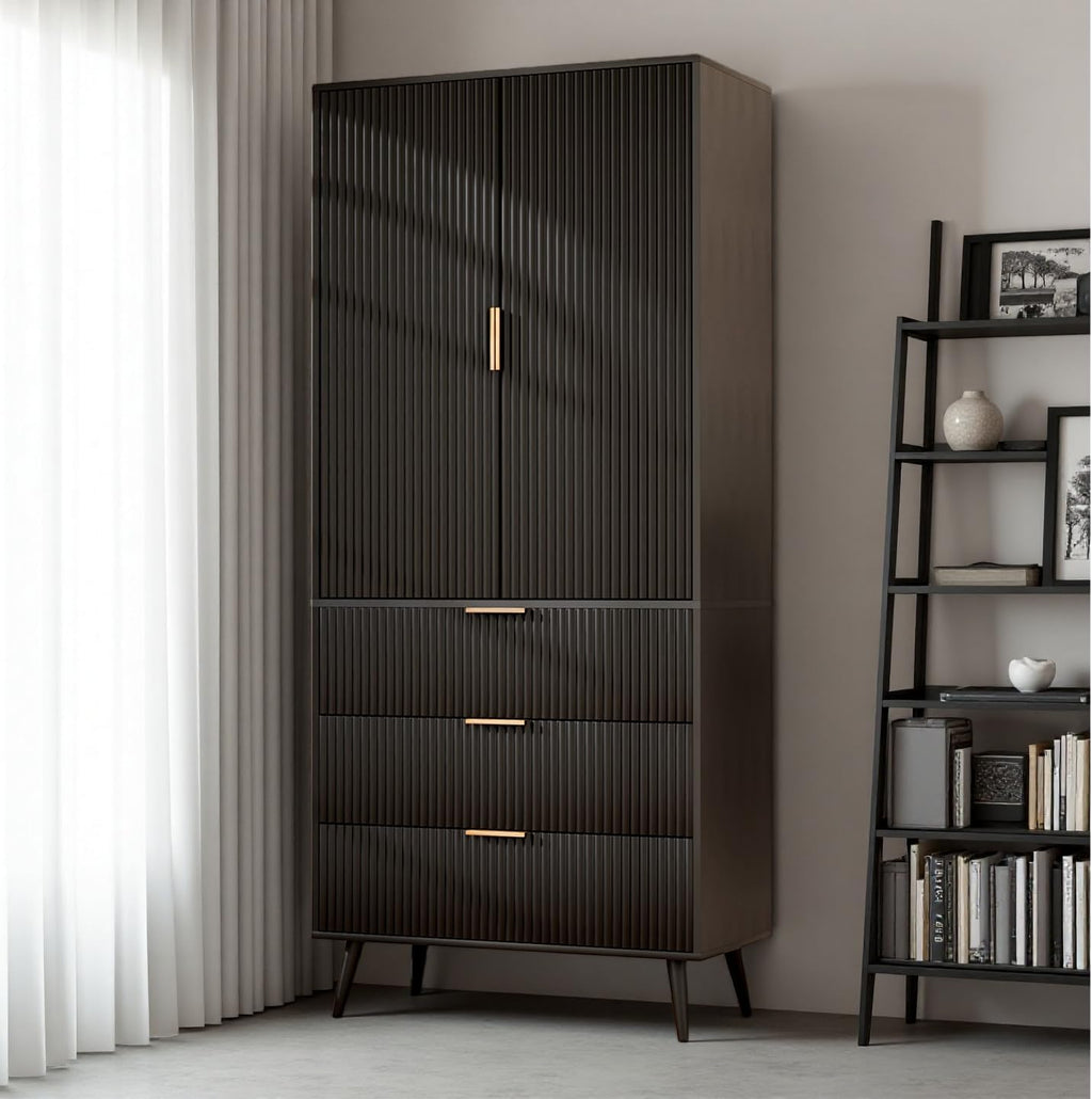 Tall Storage Cabinet, Kitchen Pantry Cabinet with Adjustable Shelves & Fluted Panel Design, Wood Cupboard with 3 Drawers 2 Doors, Tall Home Cupboard for Living Room, Kitchen, Black