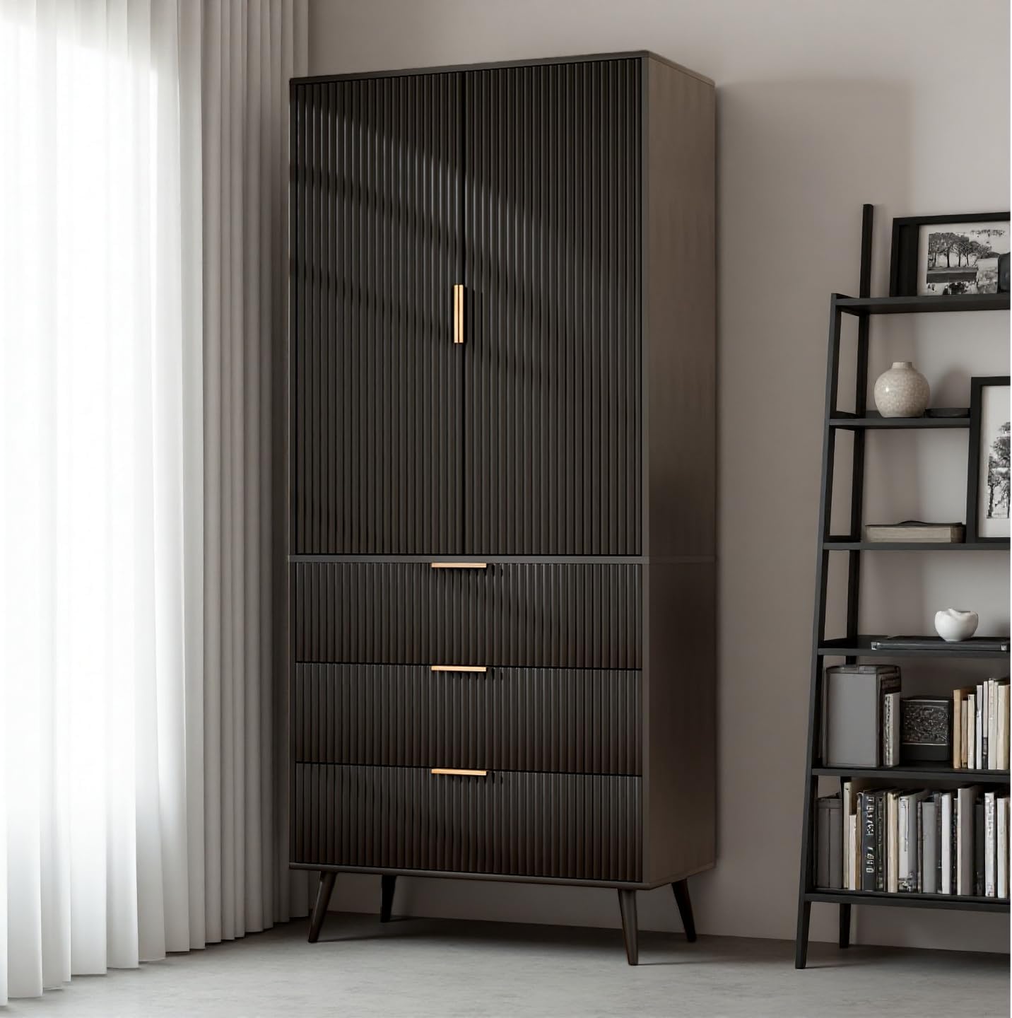 Tall Storage Cabinet, Kitchen Pantry Cabinet with Adjustable Shelves & Fluted Panel Design, Wood Cupboard with 3 Drawers 2 Doors, Tall Home Cupboard for Living Room, Kitchen, Black