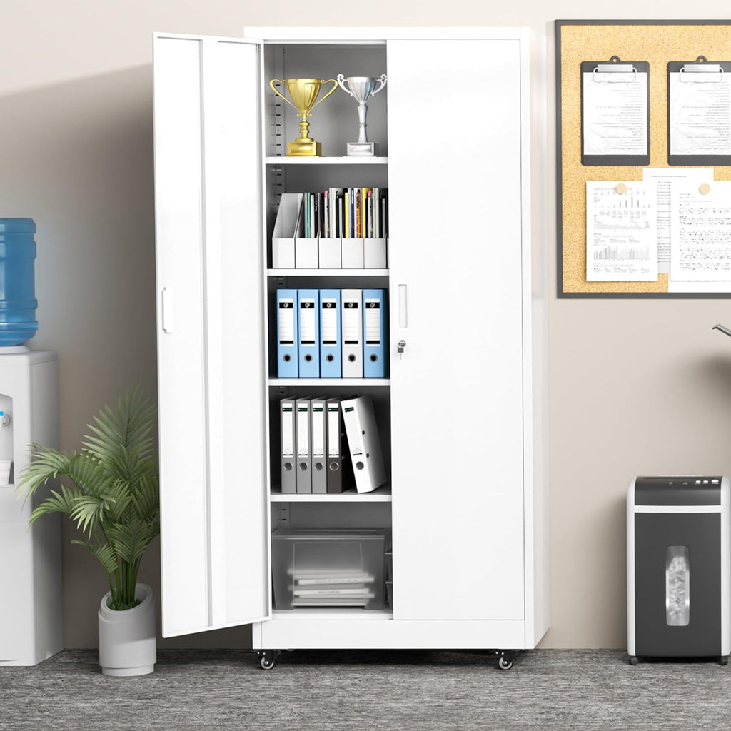 Greenvelly 73' Rolling Storage Cabinet,White Metal Garage Cabinet with Locking Doors and 4 Adjustable Shelves for Home,Kitchen,Office,Warehouse(32' W x 16' D,Wheels)