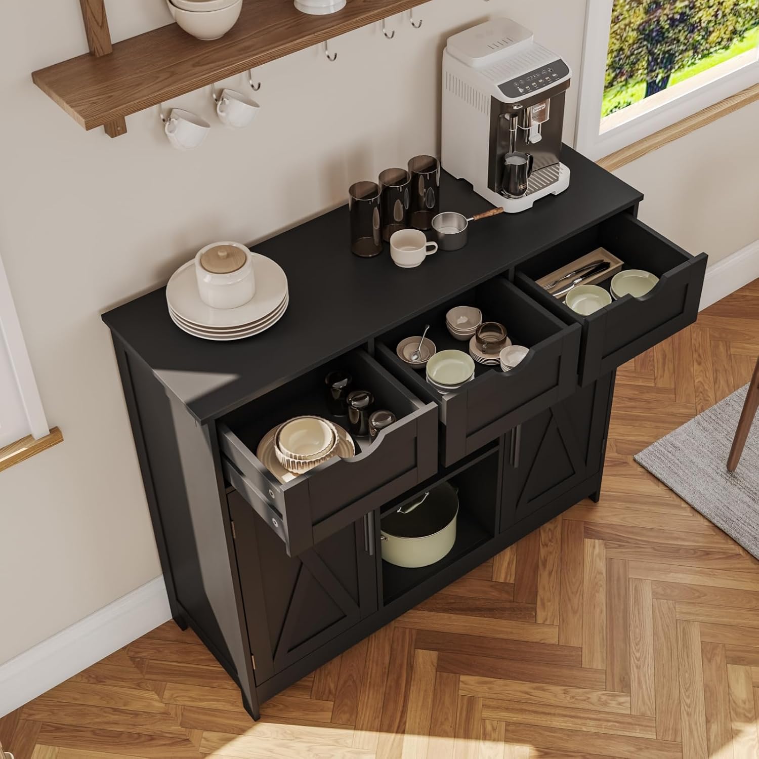 Viaozutis Storage Cabinet, Coffee Bar Cabinet with 2 Adjustable Shelves, 3 Drawers, and 2 Doors, for Bathroom, Kitchen, Living Room (Black)