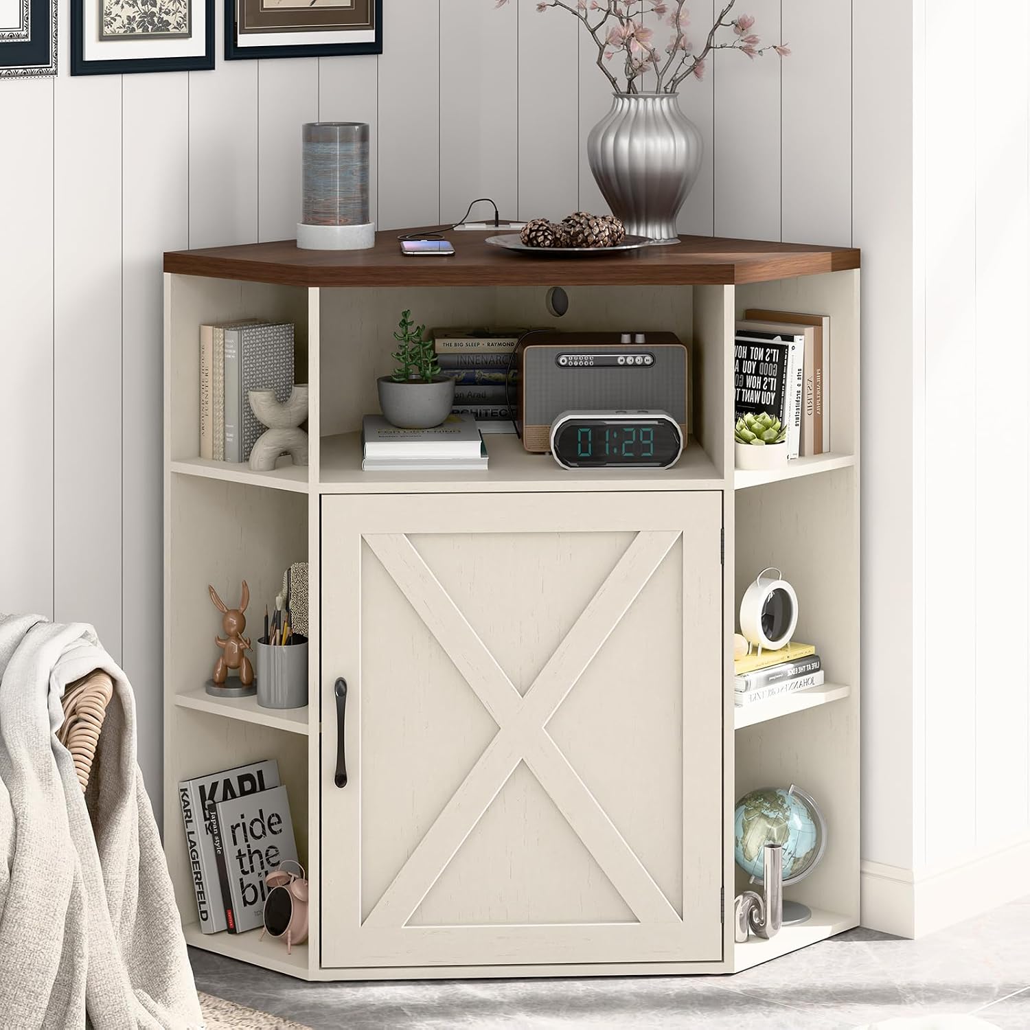 Vabches Corner Cabinet, Corner Storage Shelf with USB Ports and Outlets Industrial Organizer for Small Space Wooden 6-Cubby Bookshelf for Study, Playroom, Living Room (Off White)