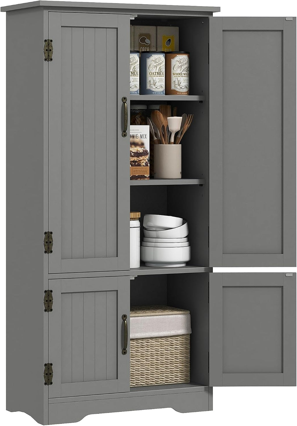 HOMCOM 48.5' Kitchen Pantry Cabinet with 2 Adjustable Shelves and 4 Beadboard Doors, Compact Farmhouse Kitchen Storage Cabinet for Dining Room, Gray