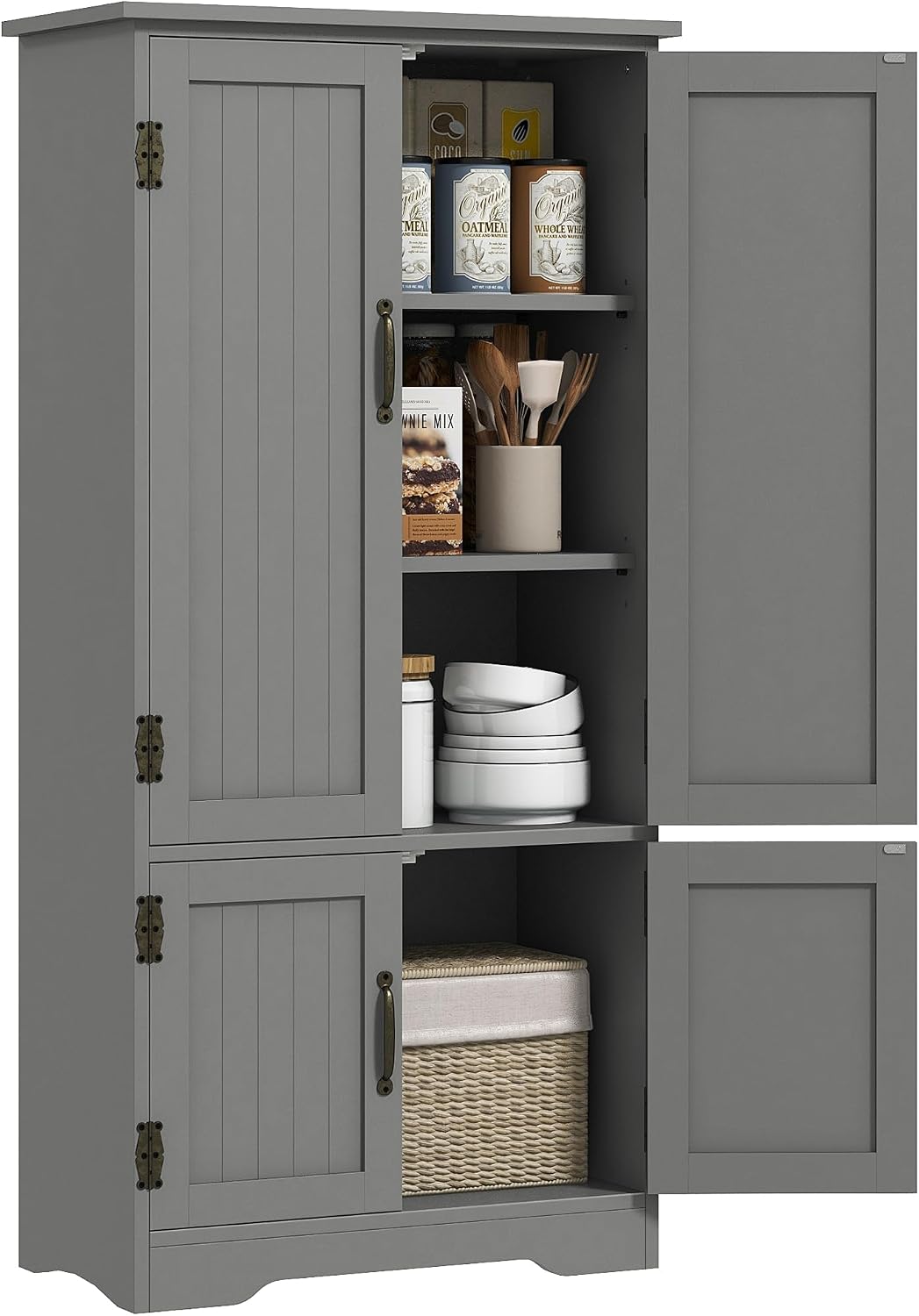 HOMCOM 48.5' Kitchen Pantry Cabinet with 2 Adjustable Shelves and 4 Beadboard Doors, Compact Farmhouse Kitchen Storage Cabinet for Dining Room, Gray