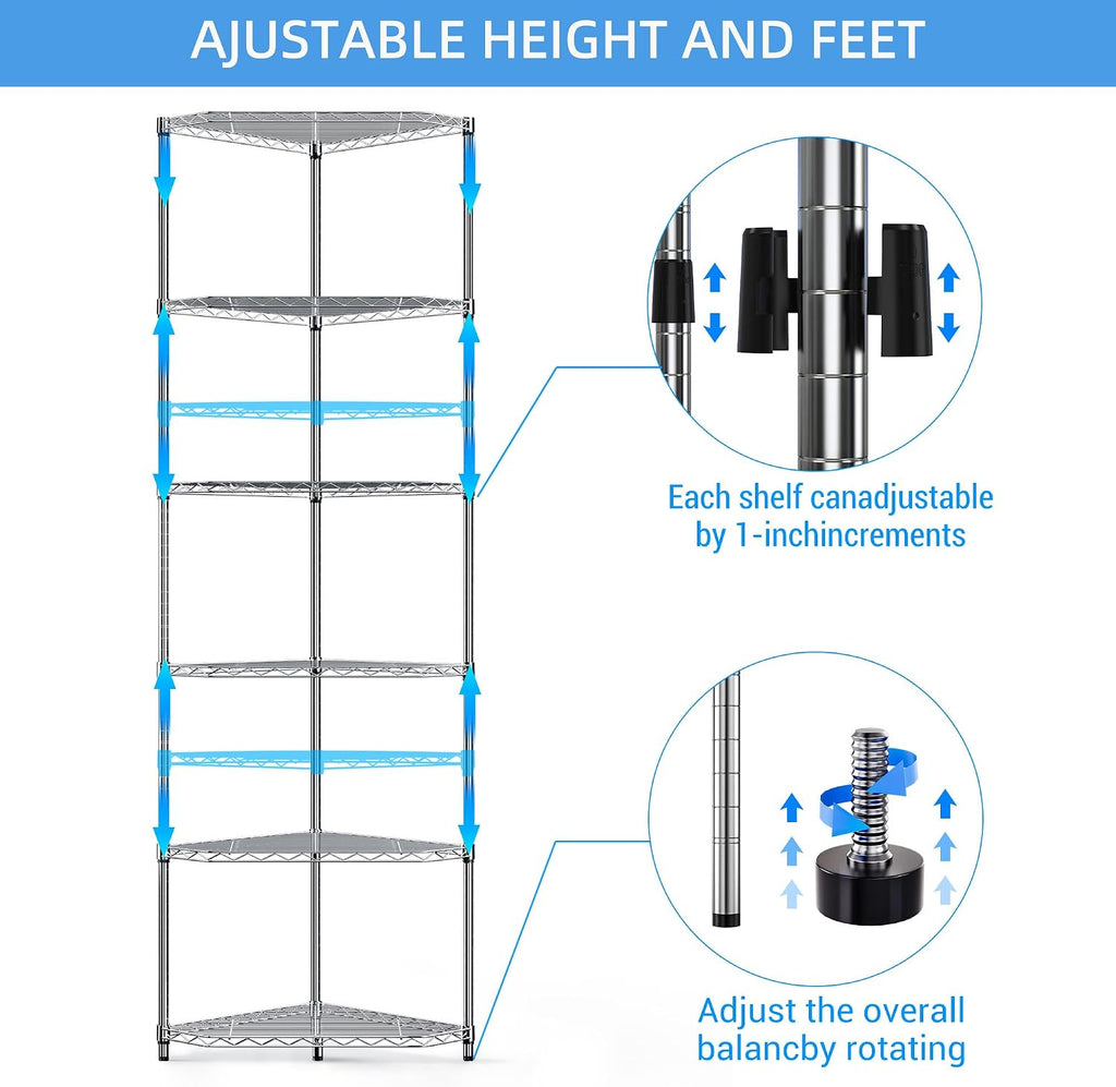 Silver Corner Storage Rack, 6 Tier Metal Corner Shelf Wire Shelving Unit, 600lbs Capacity, NSF, Adjustable Height, Leveling Feet and Liners, Ideal for Bathroom, Kitchen, 72'H x 20'L x 20'W, Pentagonal