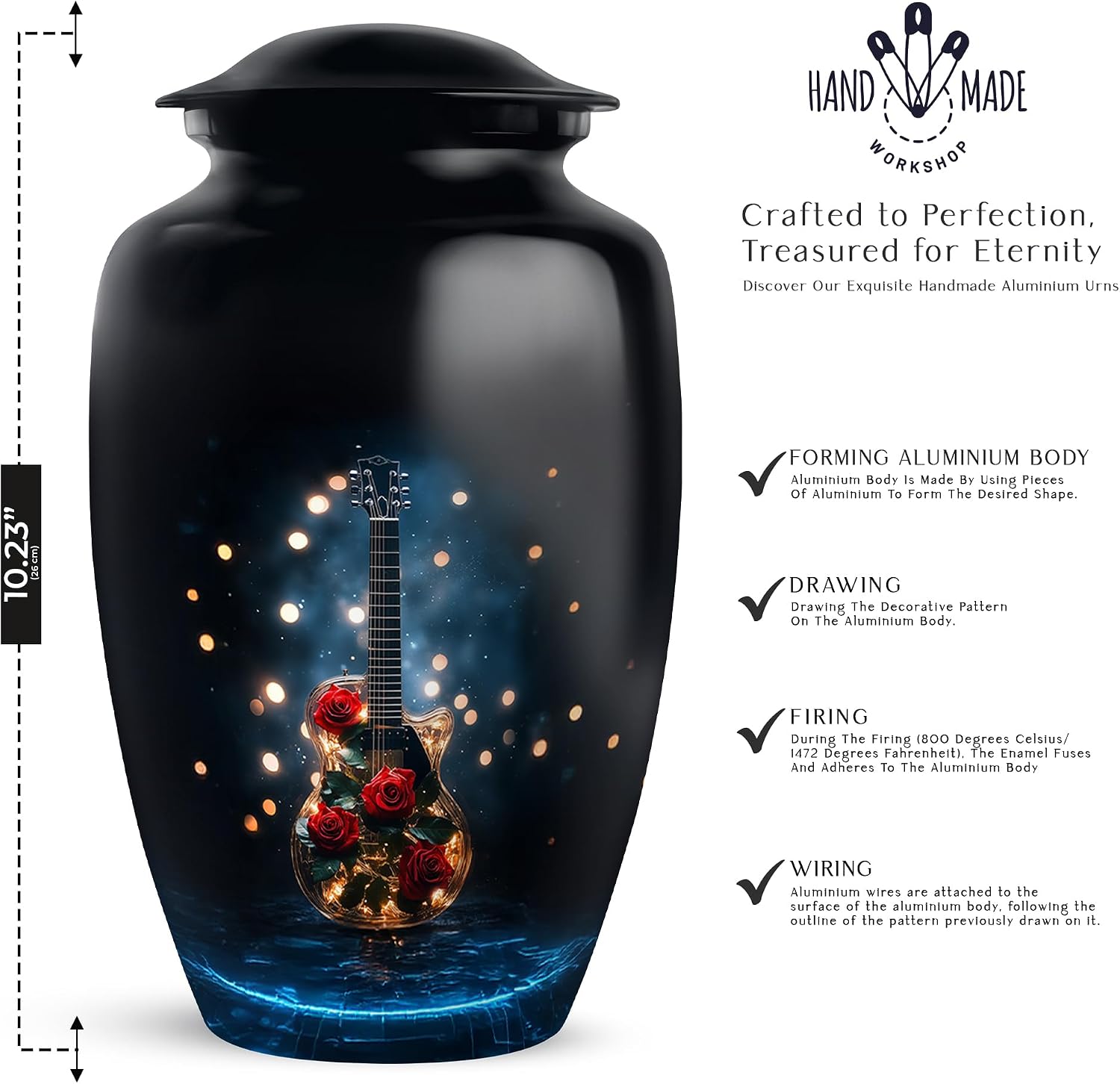 Guitar Urn - Unique Urns - Decorative Memorial - Small Cremation Urns for Human Ashes - Mom & Dad Urn - Hand Engraved - Combo of 10 Inch & 3 Inch