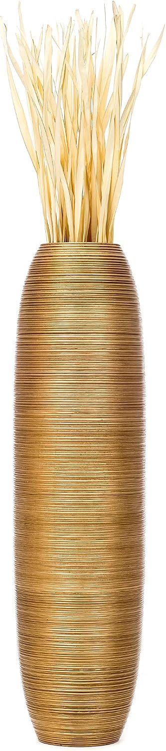 LEEWADEE Large Floor Vase – Handmade Flower Holder Made of Wood, Sophisticated Vessel for Decorative Branches and Dried Flowers, 43 inches, Golden