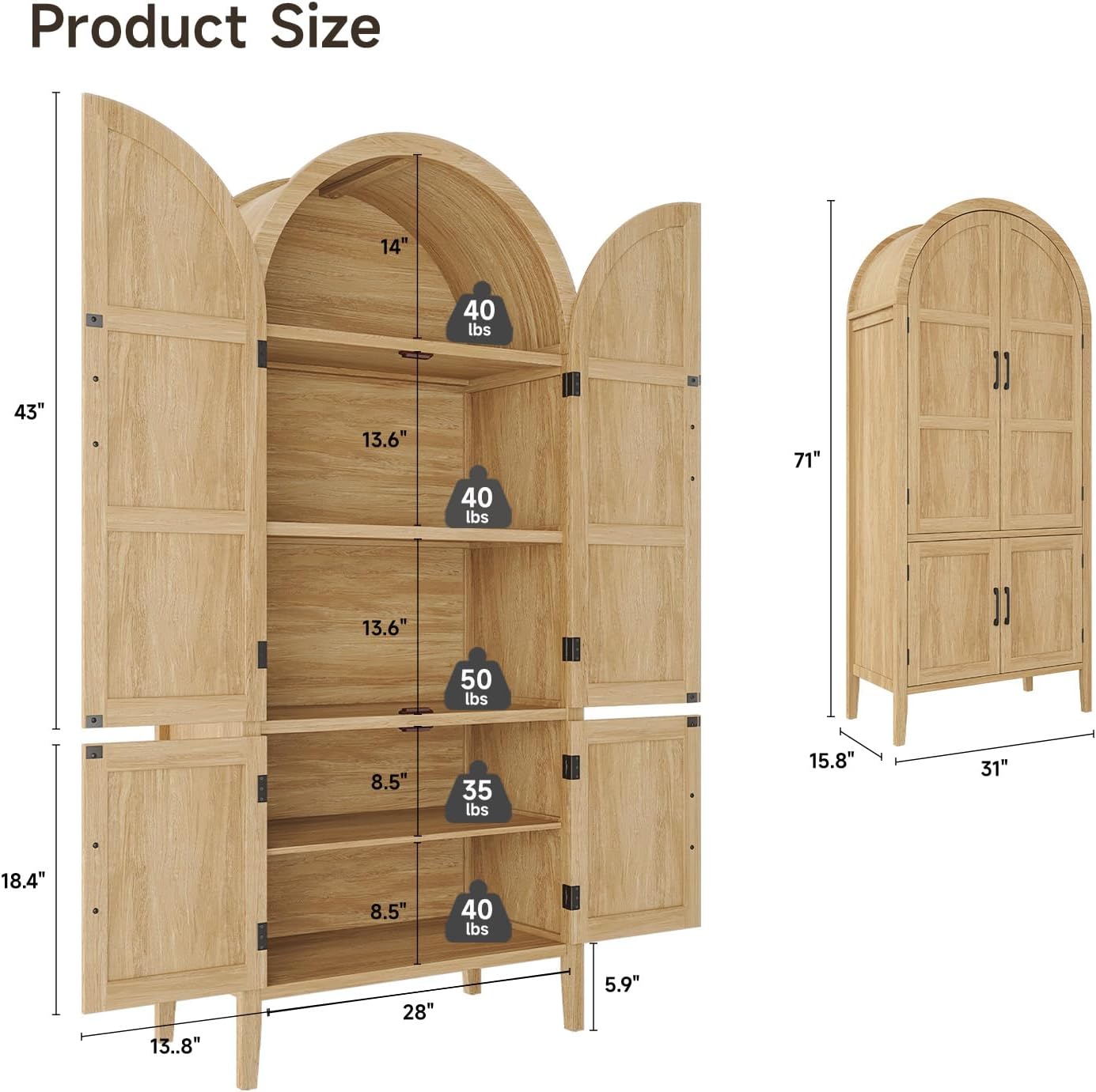 ONBRILL 71' Tall Wooden Arched Cabinet, 5-Tier Arched Kitchen Pantry Cabinet with Doors & Shelves, Farmhouse Kitchen Arch Cabinets with Adjustable Feet, Wooden Pantry Storage for Dining Room(Oak)