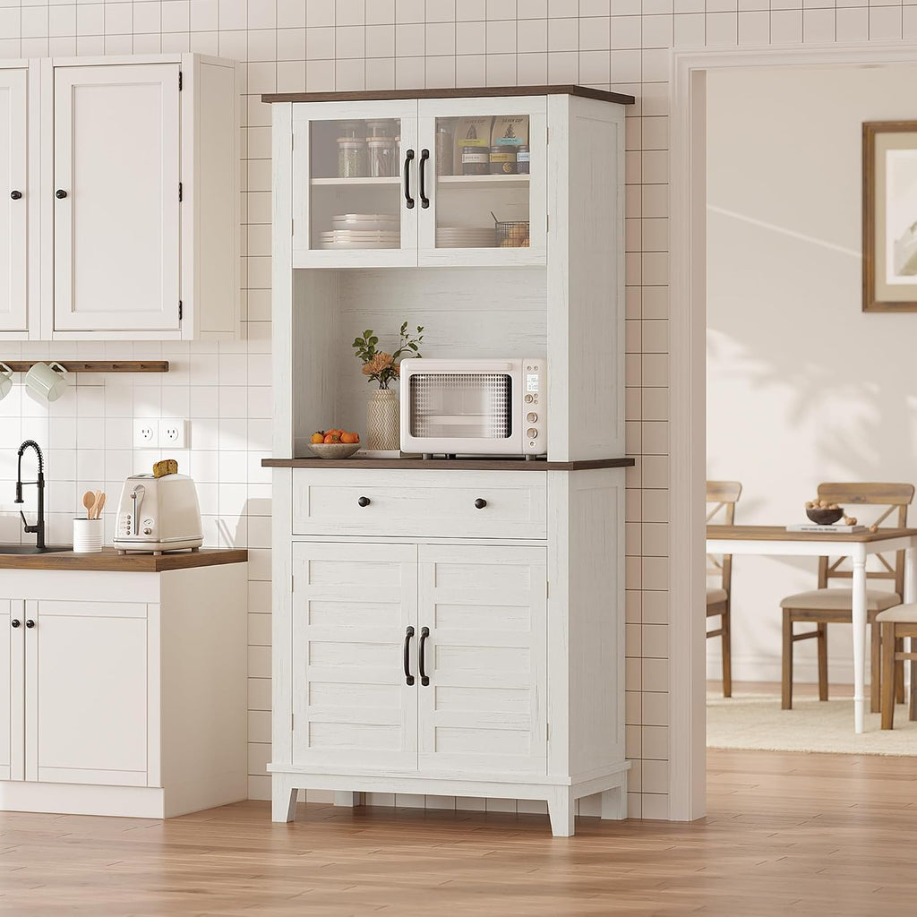 IDEALHOUSE Farmhouse Coffee Bar Cabinet with 2 Glass Doors, 72'' Black Bar Cabinet with 1 Drawer, Tall Wine Bar with Metal Handle, Coffee Bar Hutch with Storage for Living Room (Light White)