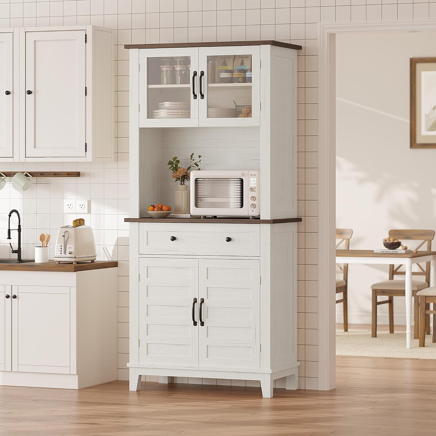 IDEALHOUSE Farmhouse Coffee Bar Cabinet with 2 Glass Doors, 72'' Black Bar Cabinet with 1 Drawer, Tall Wine Bar with Metal Handle, Coffee Bar Hutch with Storage for Living Room (Light White)