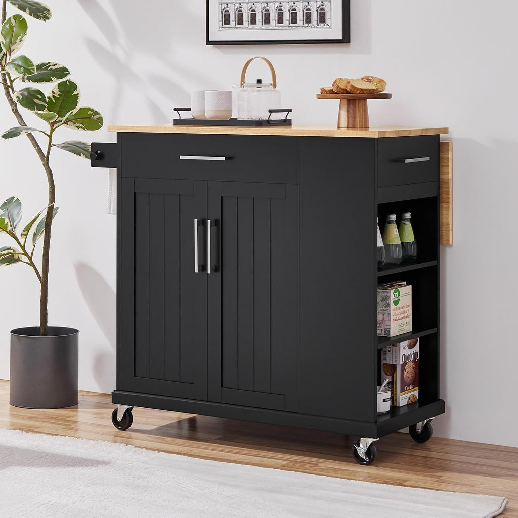 Yaheetech Rolling Kitchen Island Cart with Drop Leaf, Portable Rubberwood Breakfast Bar with Storage Cabinet, Open Shelves & Detachable Towel, 2 Drawers, Black
