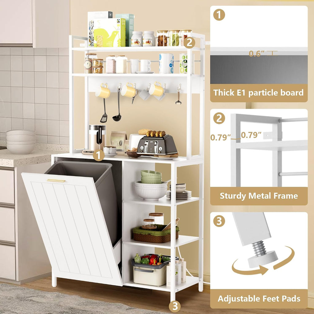 Kitchen Bakers Rack with Storage Shelf - 6-Tier Microwave Stand Oven Cabinet W/Tilting Trash Can Bin and Power Outlet, Farmhouse Thickened Coffee Bar Table Station W/6 Hooks&Adjustable feet