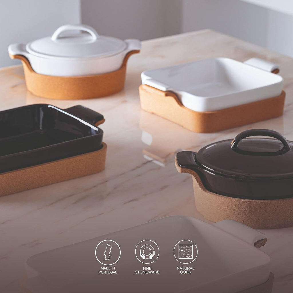 Casafina Ceramic 16' x 10.25' Rectangular Baker with Cork Tray - Ensemble Collection, White | Oven & Dishwasher Safe Bakeware | Food Safe Glazing | Restaurant Quality Dinnerware