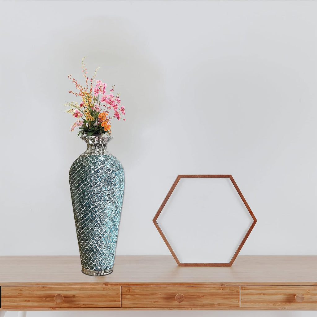 Floor Vase, Mosaic Vase, Decorative Metal Mosaic Piece Vase in Geometric Pattern Wavy Shape with Glass- Marbled Teal & Silver