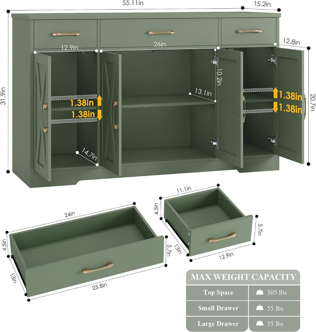 HOSTACK Buffet Sideboard Cabinet with Drawers, 55' Large Buffet Storage Cabinet with Shelves and Doors, Modern Farmhouse Coffee Bar Station for Kitchen, Dining Room, Green