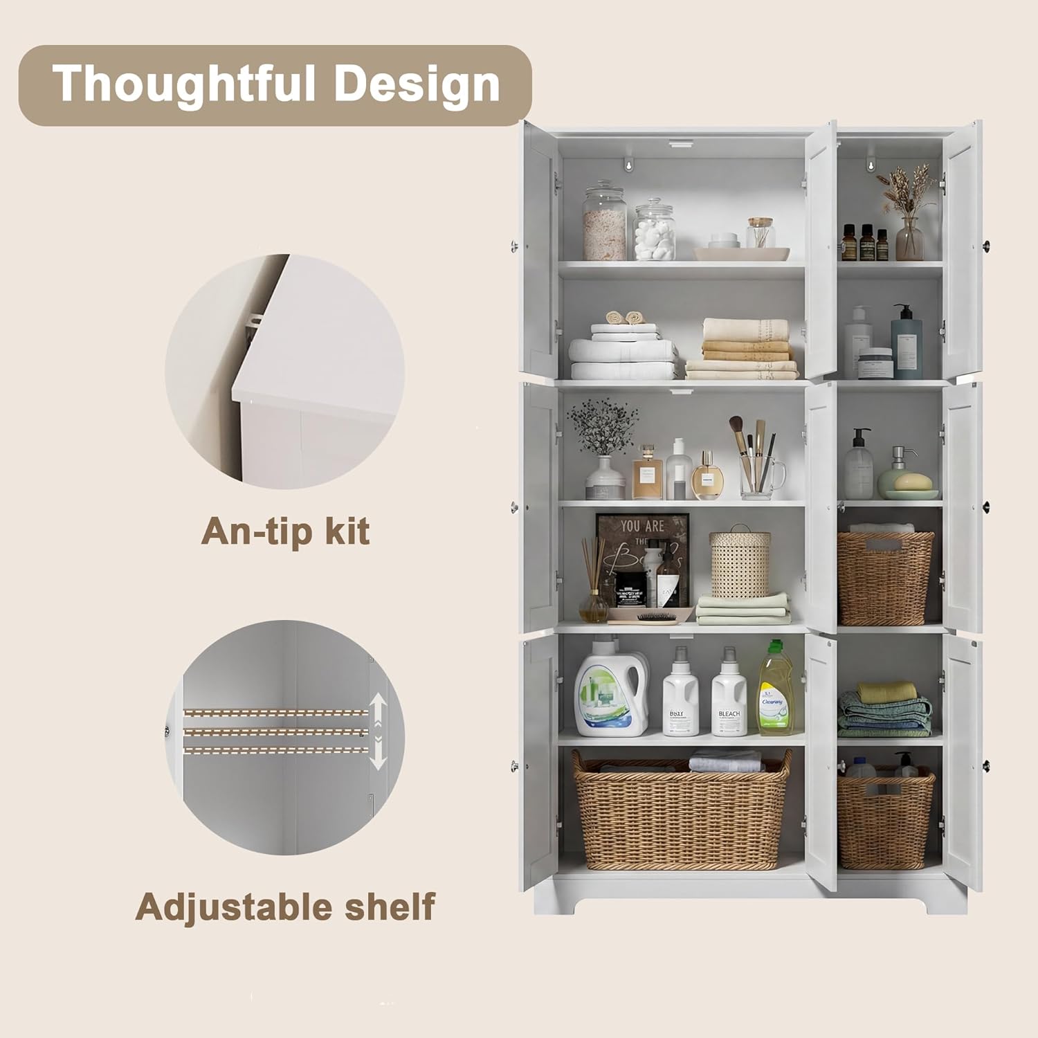 ChooChoo Bathroom Storage Cabinet with 9 Doors, Narrow Floor Cabinet with Adjustable Shelves, White Slim Pantry Cabinet for Kitchen, Bathroom, Laundry Room, Living Room