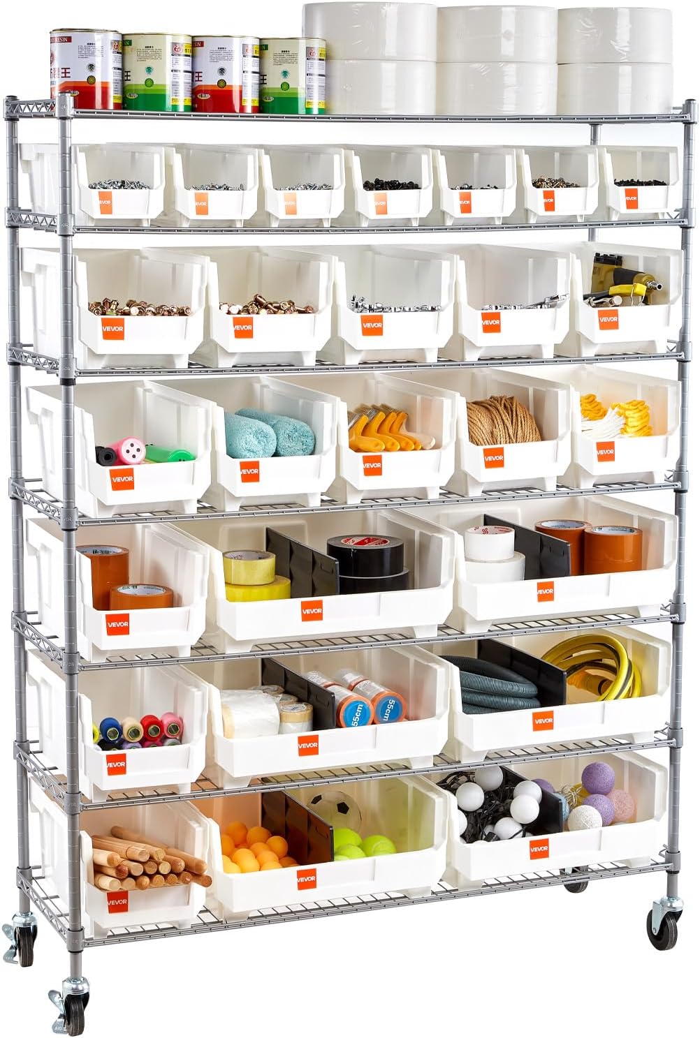 VEVOR 7-Tier Rolling Bin Storage Rack, 26 Organizer Bins, Bin Rack Storage Steel Wire Shelving System with Wheels, Mobile Tool Organizer for Garage, Warehouse, Office, Restaurant, Kitchen, Classroom