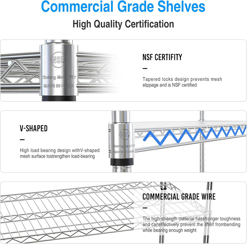 6 Tier 6000lbs Capacity NSF Metal Shelf Wire Shelving Unit, Heavy Duty Adjustable Storage Rack with Wheels & Shelf Liners for Commercial Grade Utility Steel Storage Rack, Chrome - 82'H x 48'L x 18'D