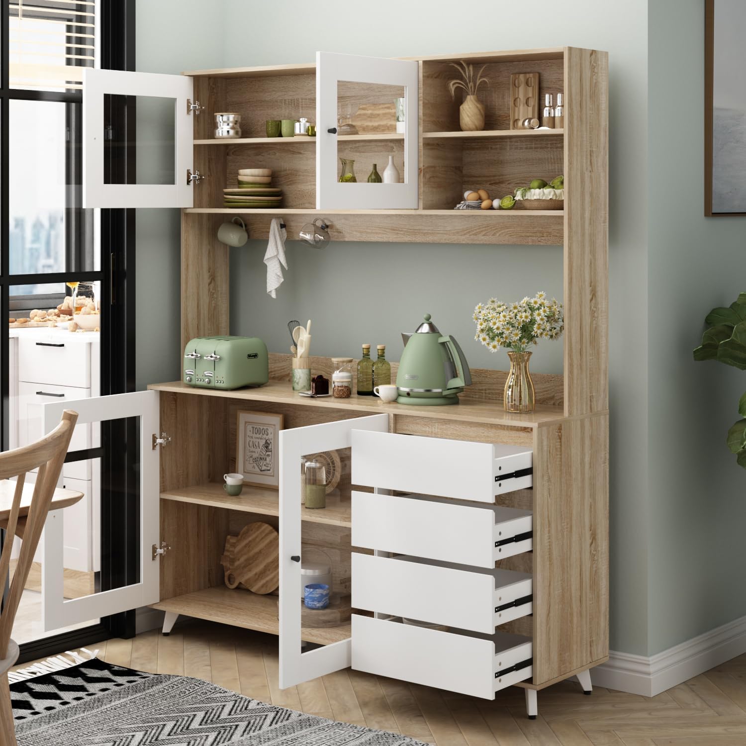 ECACAD Freestanding Kitchen Pantry Storage Cabinet with Glass Doors, Shelves & Drawers, Modern Sideboard Buffet Cabinet, Wood Kitchen Cupboard with Hutch and Hooks, Walnut and White